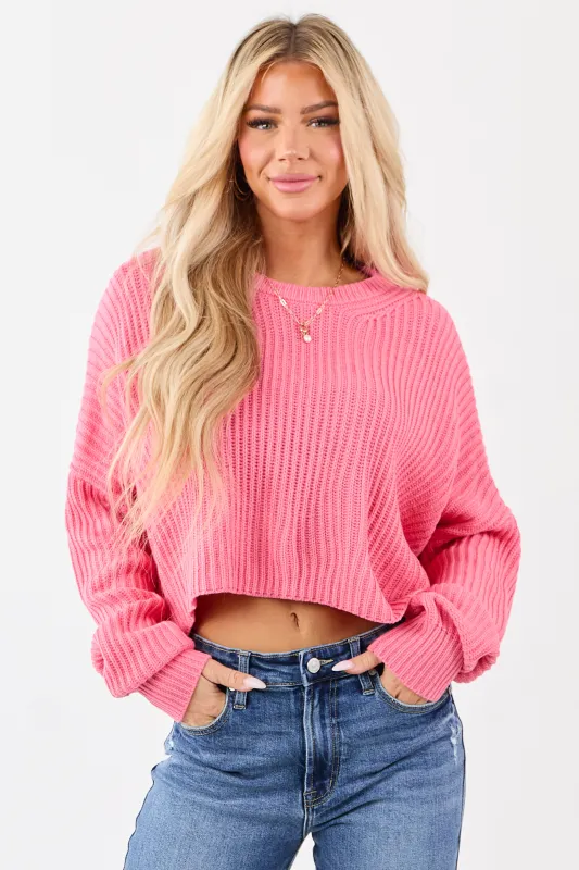 Bubblegum Relaxed Rib Knit Crew Neck Crop Sweater sold by Lime Lush