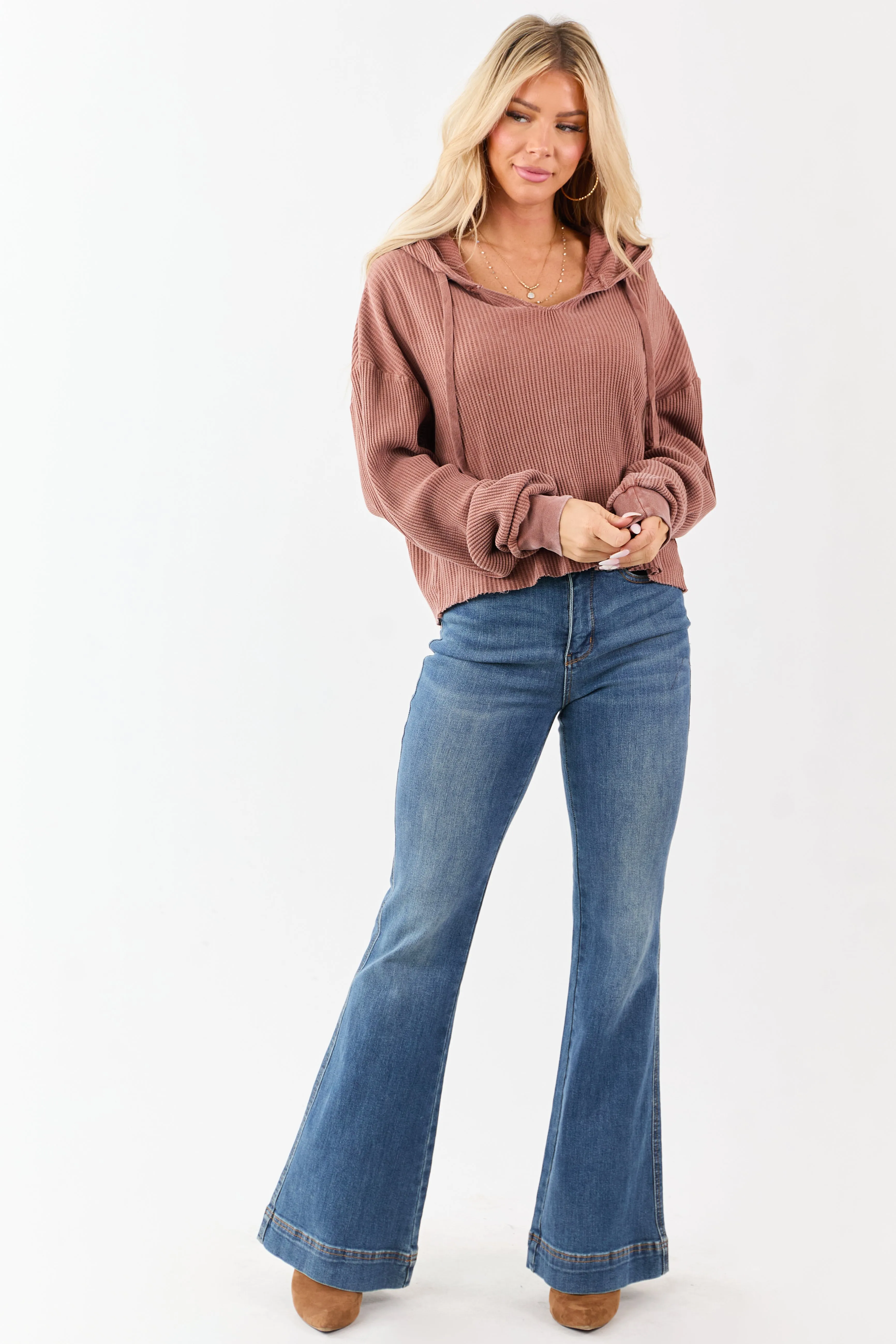 Light Sienna Cotton Waffle Knit Hooded Long Sleeve Top sold by Lime Lush product image thumbnail 2