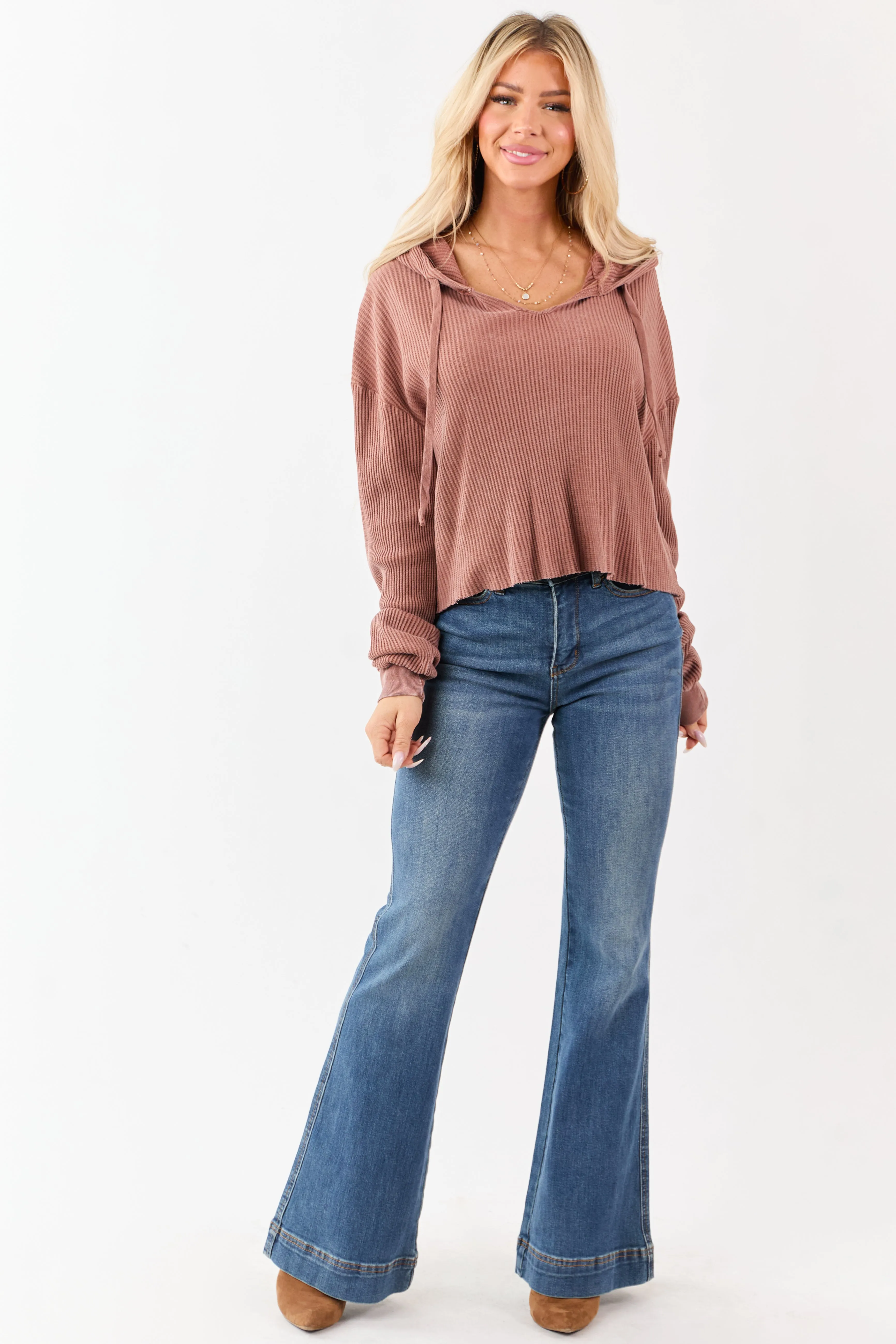 Light Sienna Cotton Waffle Knit Hooded Long Sleeve Top sold by Lime Lush product image thumbnail 3