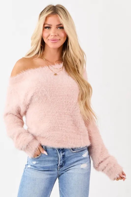 Tea Rose Off Shoulder Eyelash Knit Relaxed Sweater sold by Lime Lush