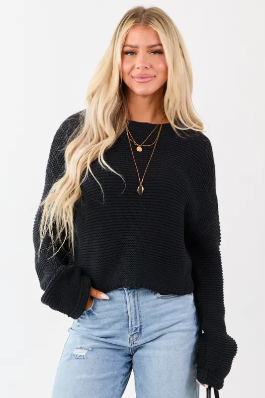Black Textured Knit Long Sleeve Crop Sweater sold by Lime Lush