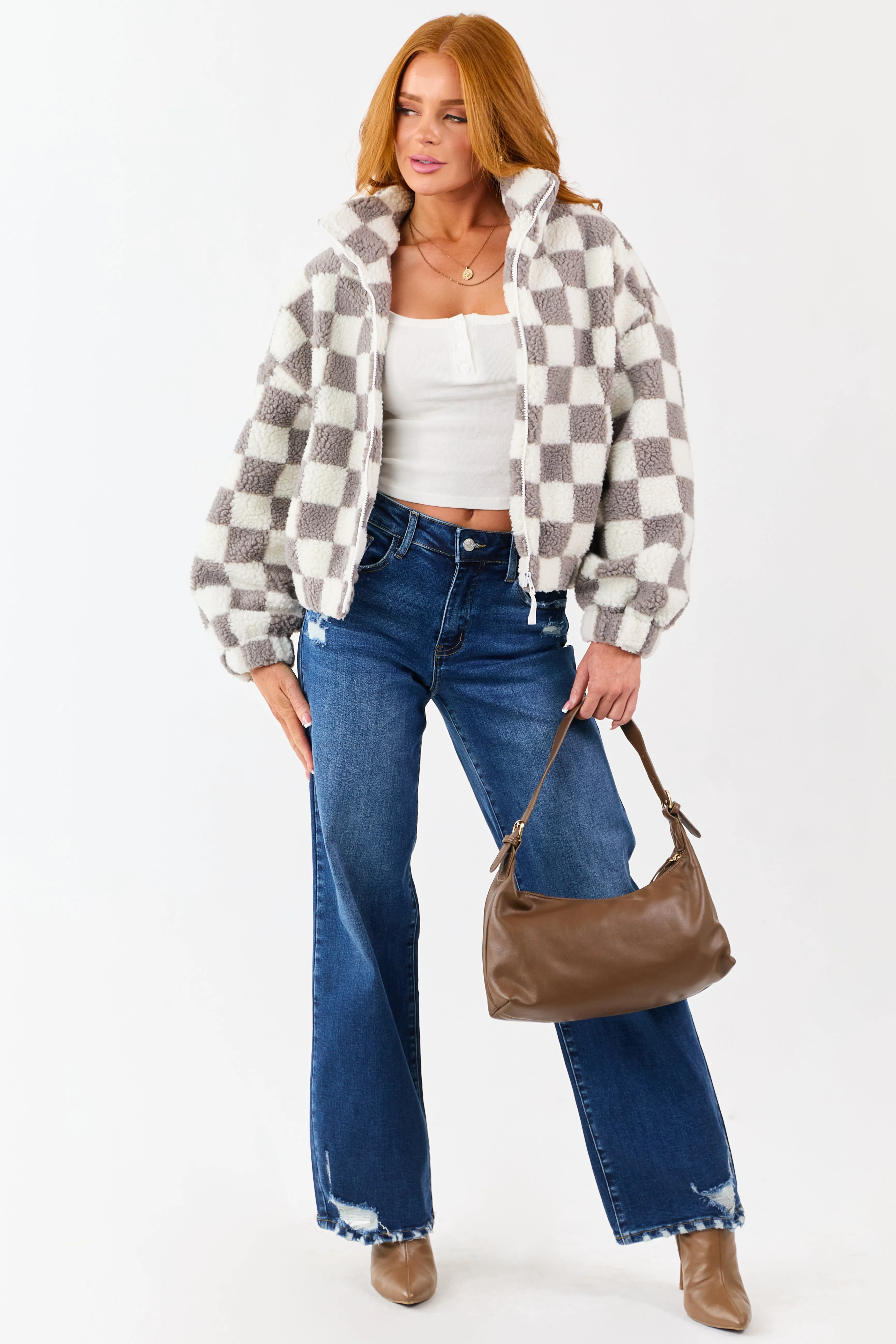 Ivory and Steel Checkered Sherpa Zip Up Jacket sold by Lime Lush product image thumbnail 5