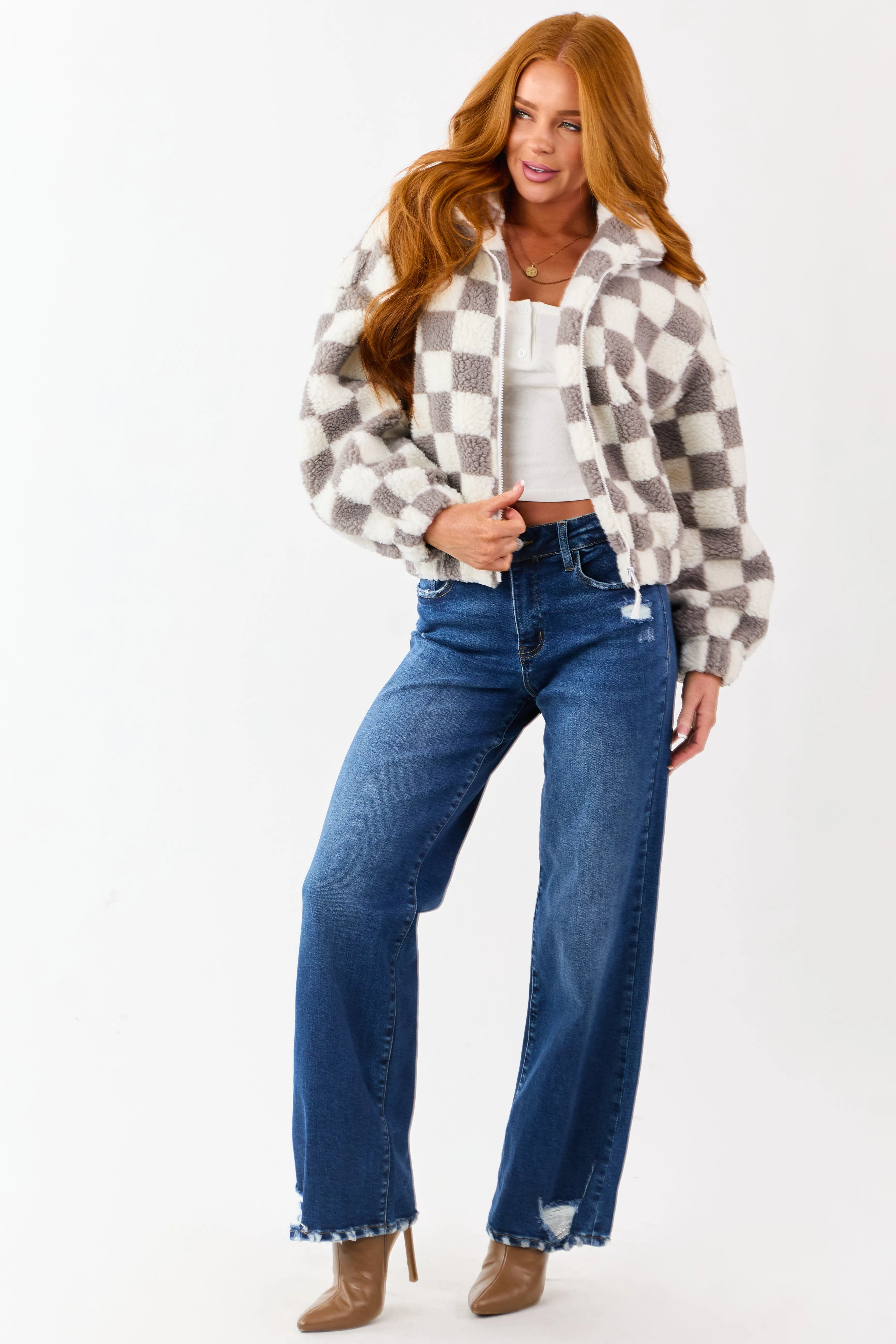 Ivory and Steel Checkered Sherpa Zip Up Jacket sold by Lime Lush product image thumbnail 4