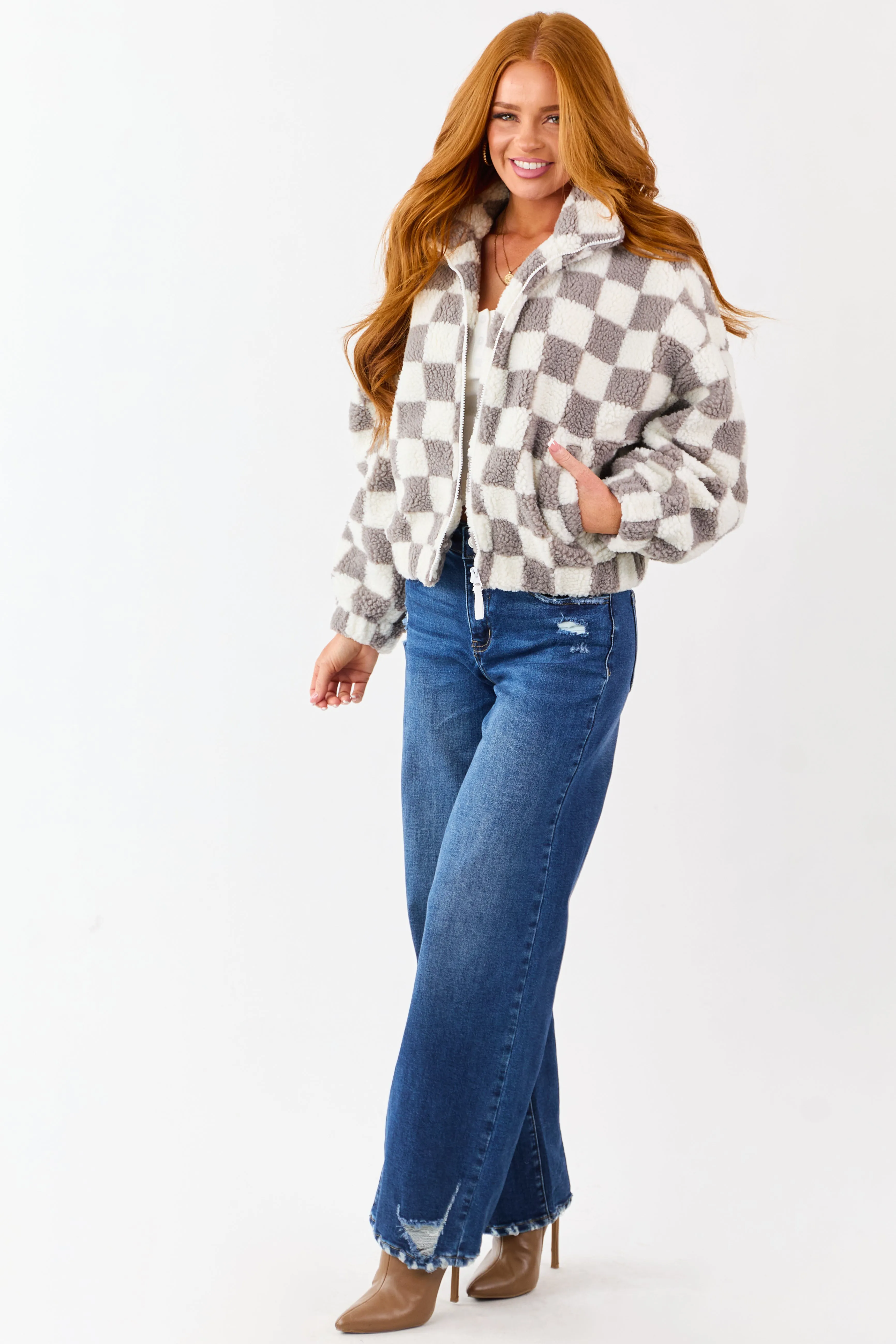 Ivory and Steel Checkered Sherpa Zip Up Jacket sold by Lime Lush product image thumbnail 3