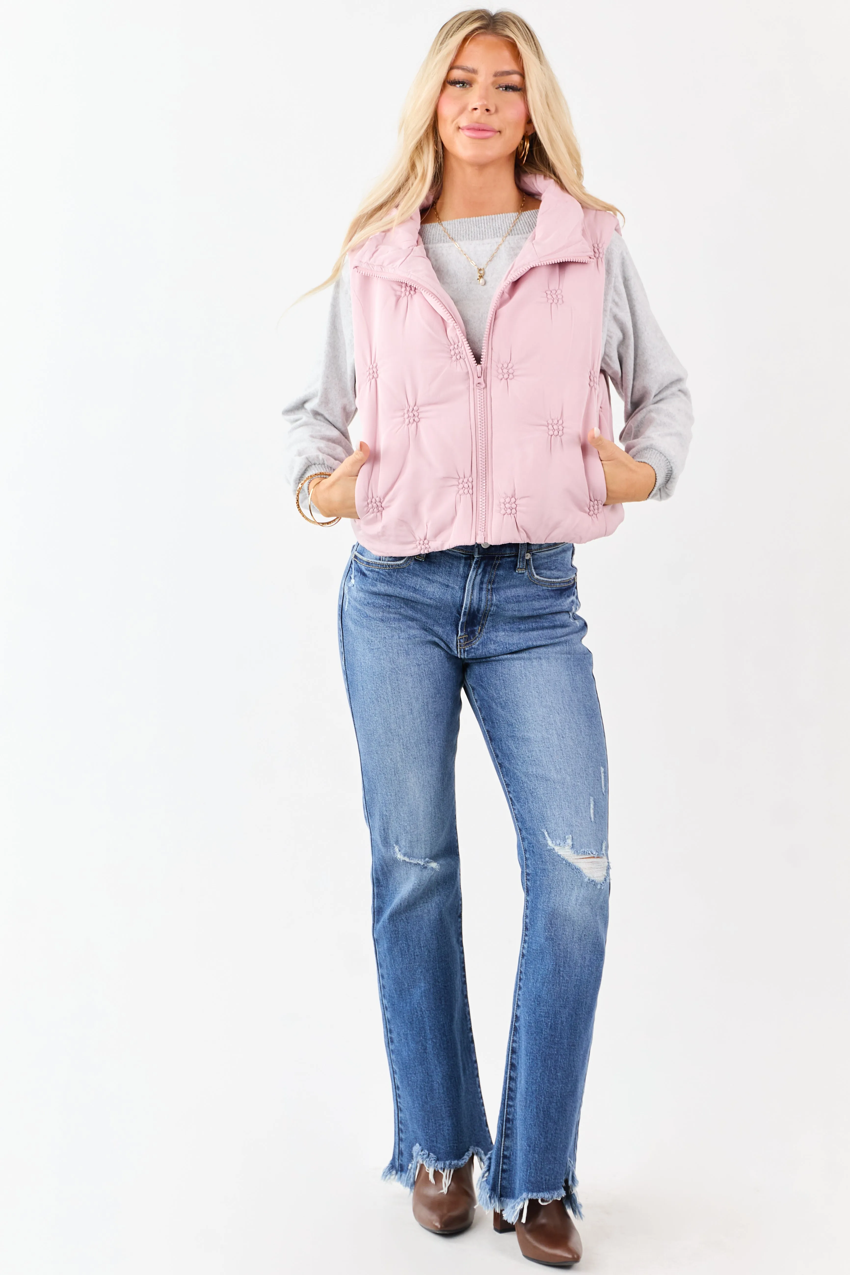 Entro Dusty Blush Raised Stitch Zip Up Puffer Vest sold by Lime Lush product image thumbnail 3