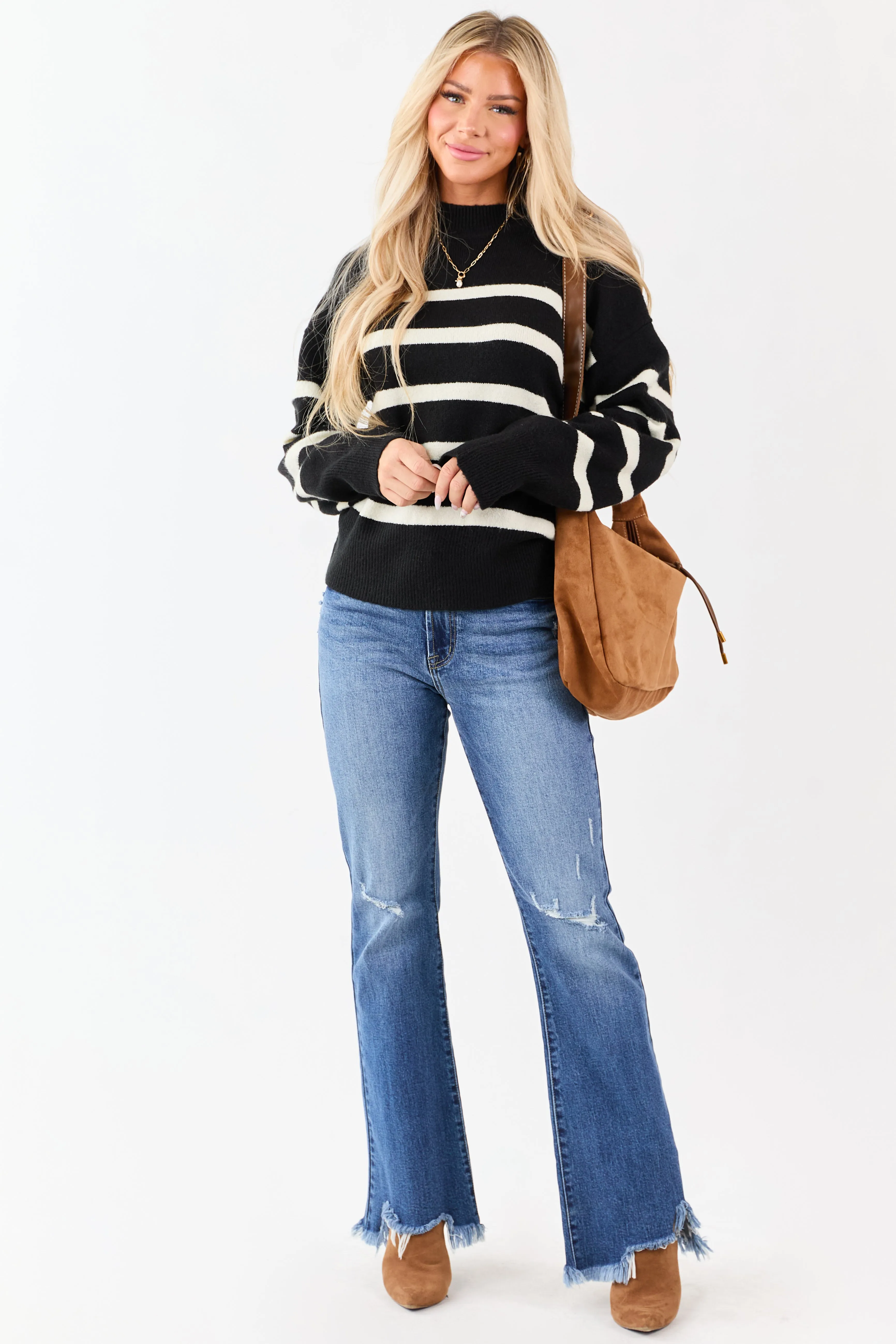 Black and Cream Striped Mock Neck Knit Sweater sold by Lime Lush product image thumbnail 2