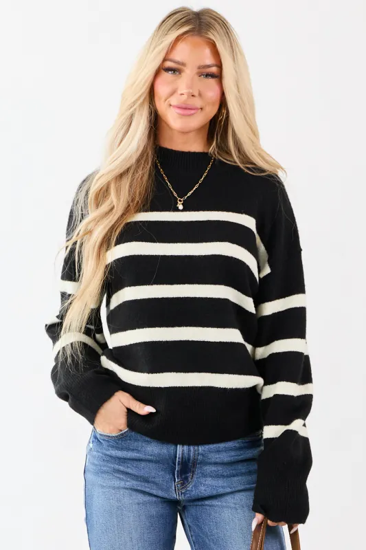 Black and Cream Striped Mock Neck Knit Sweater sold by Lime Lush