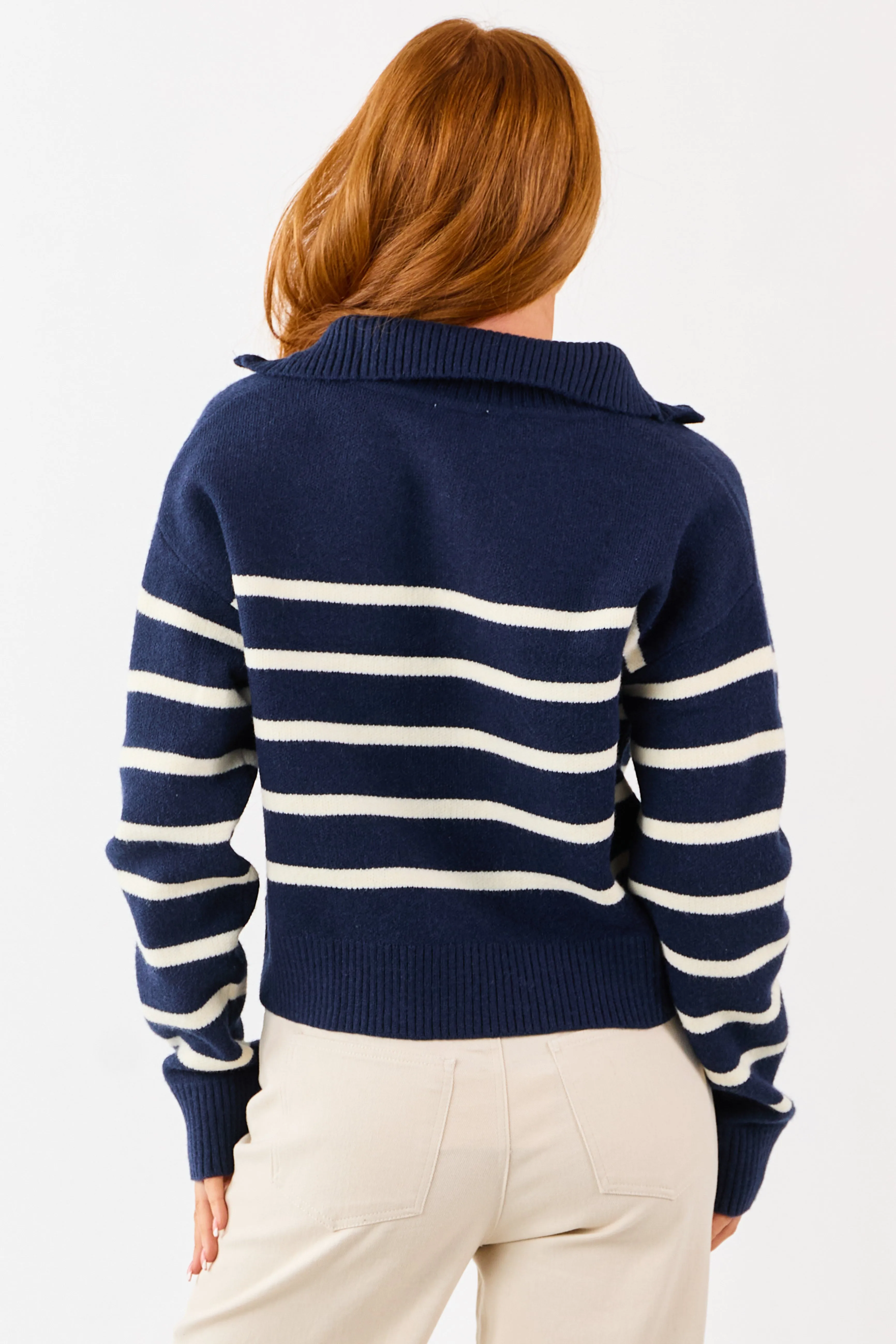 Navy and Cream Striped Half Zip Up Knit Sweater sold by Lime Lush product image thumbnail 5