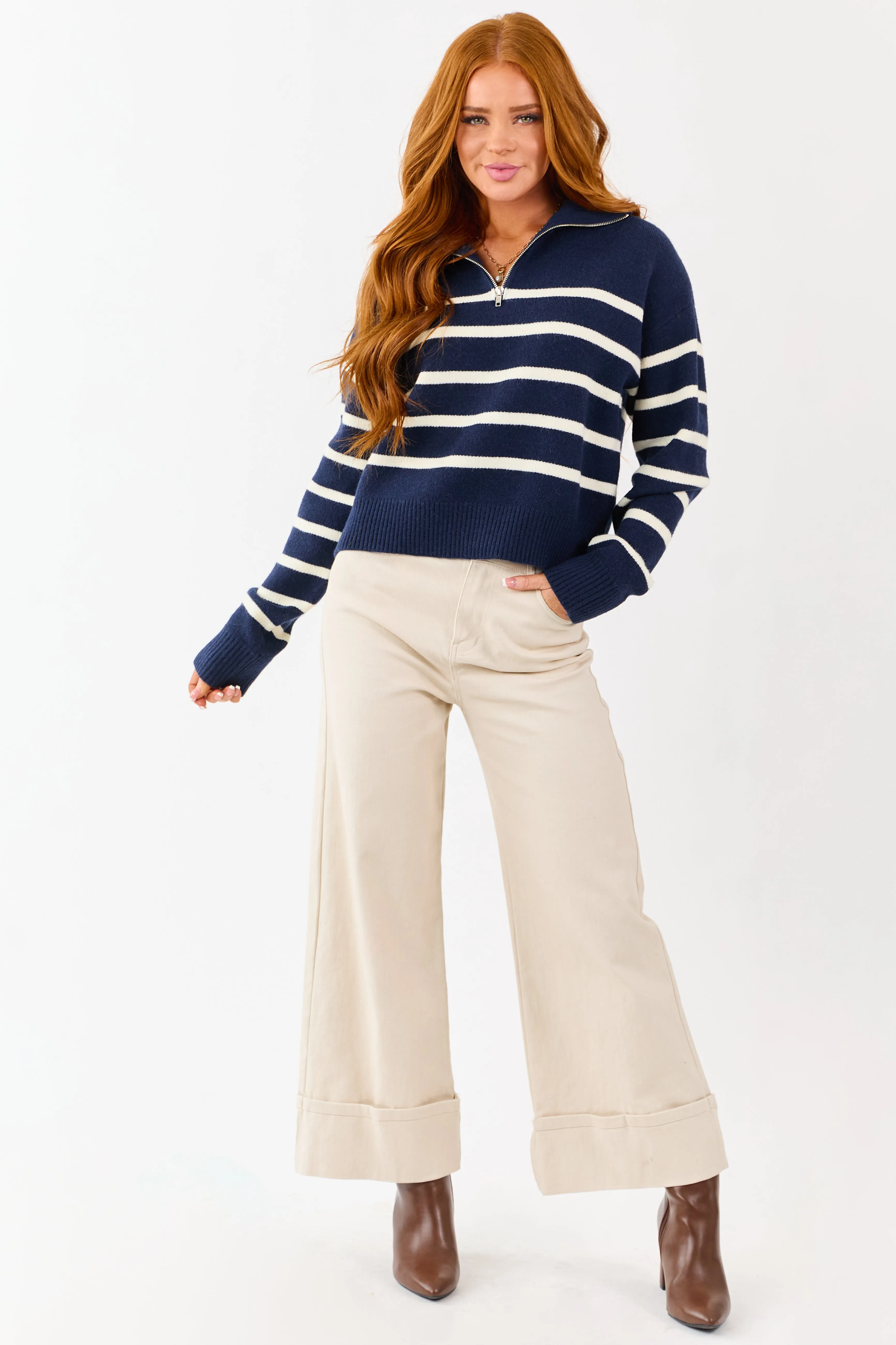 Navy and Cream Striped Half Zip Up Knit Sweater sold by Lime Lush product image thumbnail 2