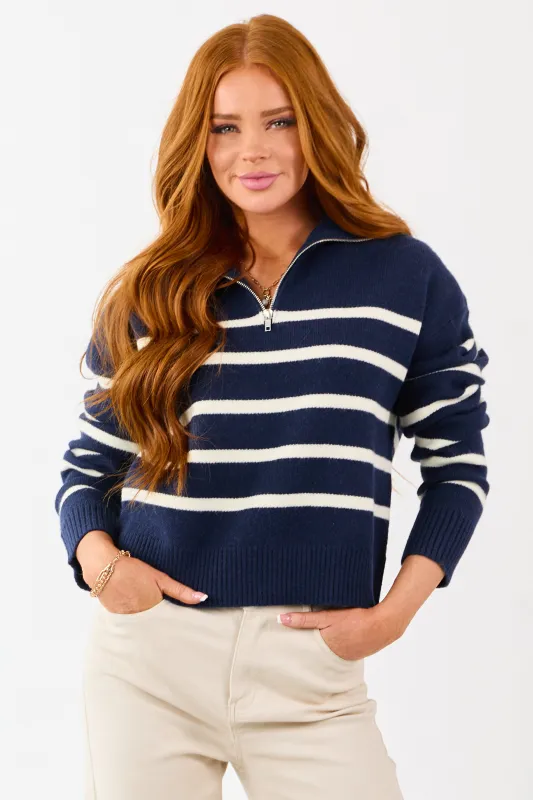 Navy and Cream Striped Half Zip Up Knit Sweater made by HYFVE