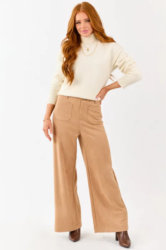 Lovelo Camel Faux Suede Patch Pocket Wide Leg Pants sold by Lime Lush