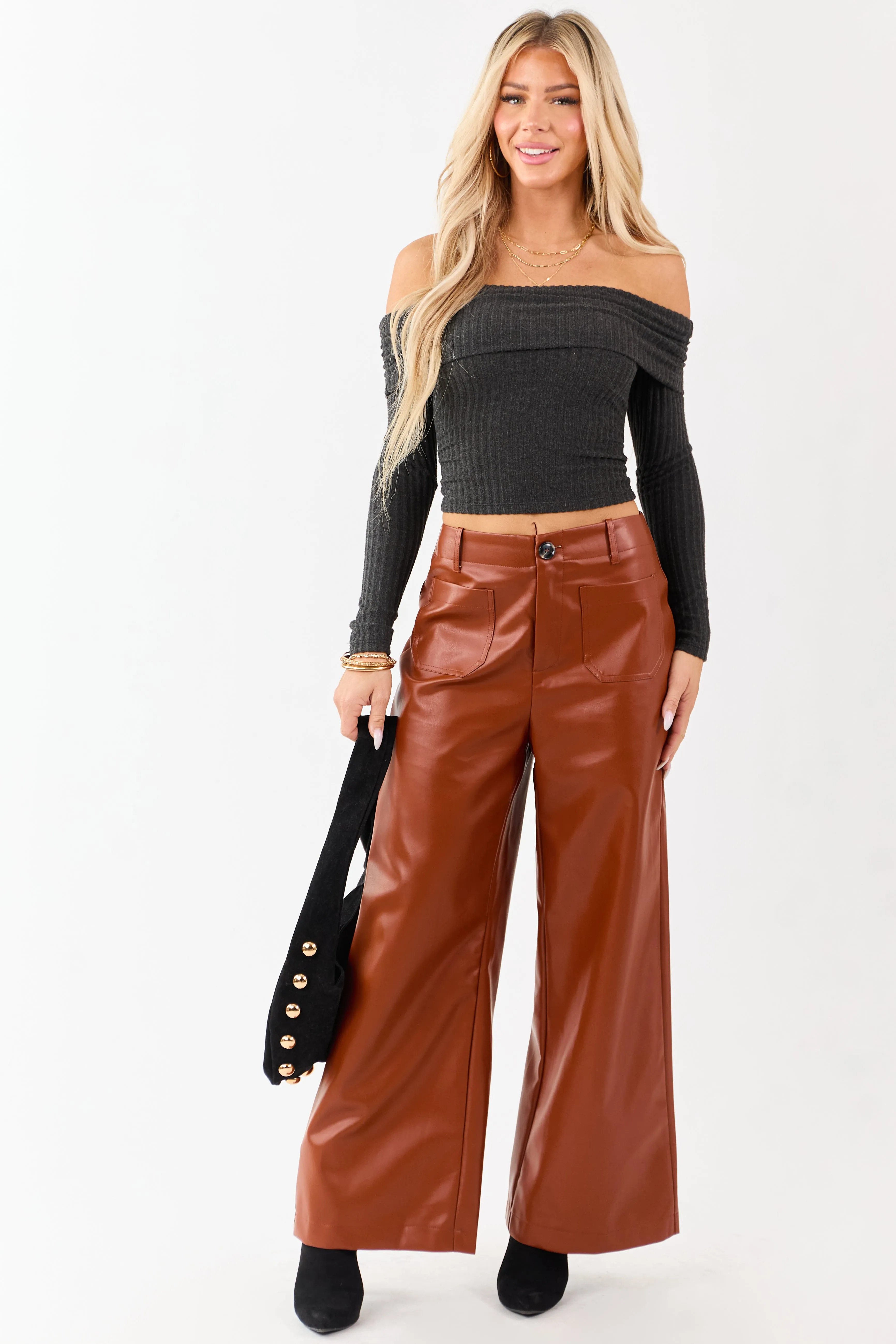 Lovelo Rust Faux Leather Wide Leg Pants sold by Lime Lush