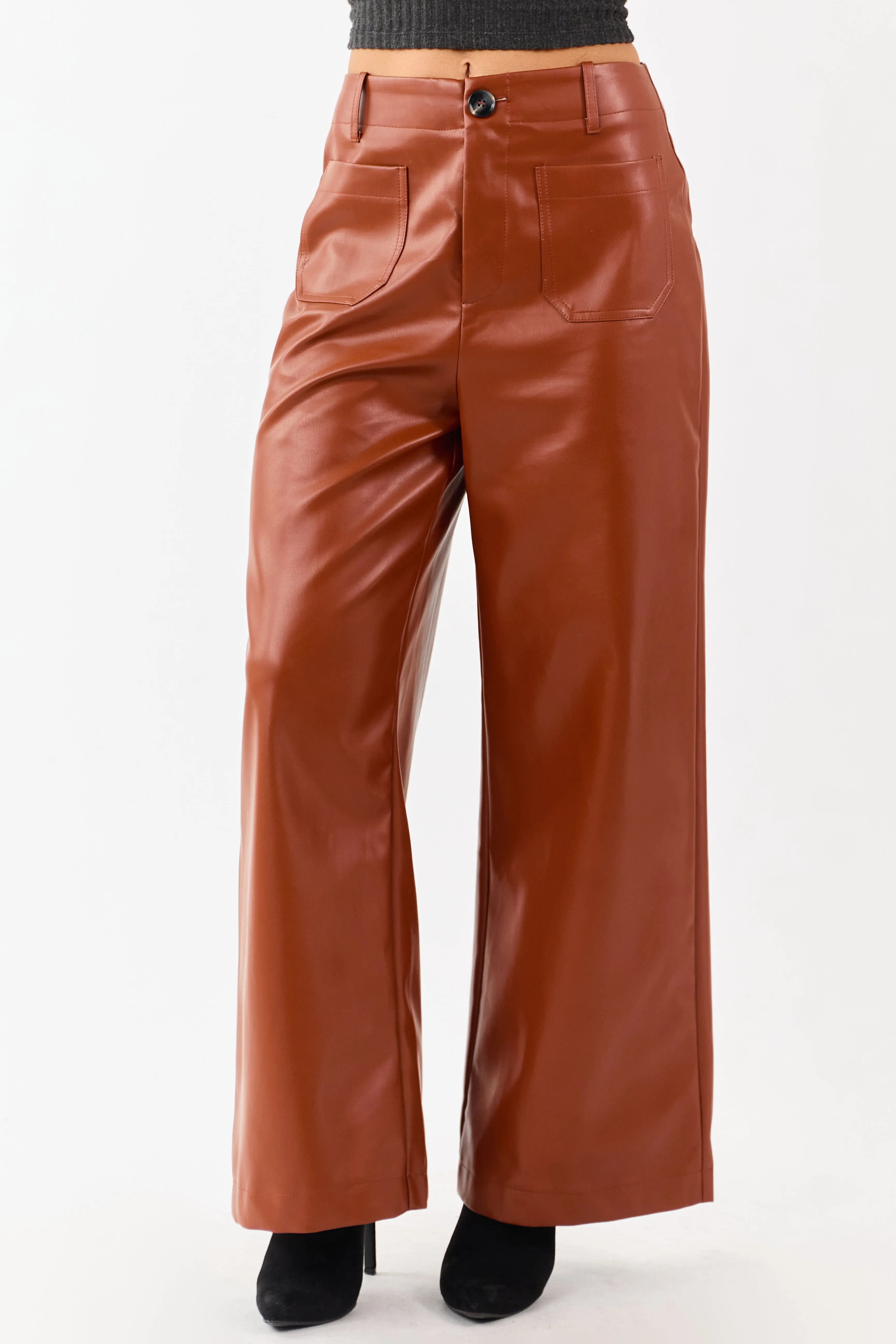 Lovelo Rust Faux Leather Wide Leg Pants sold by Lime Lush product image thumbnail 2
