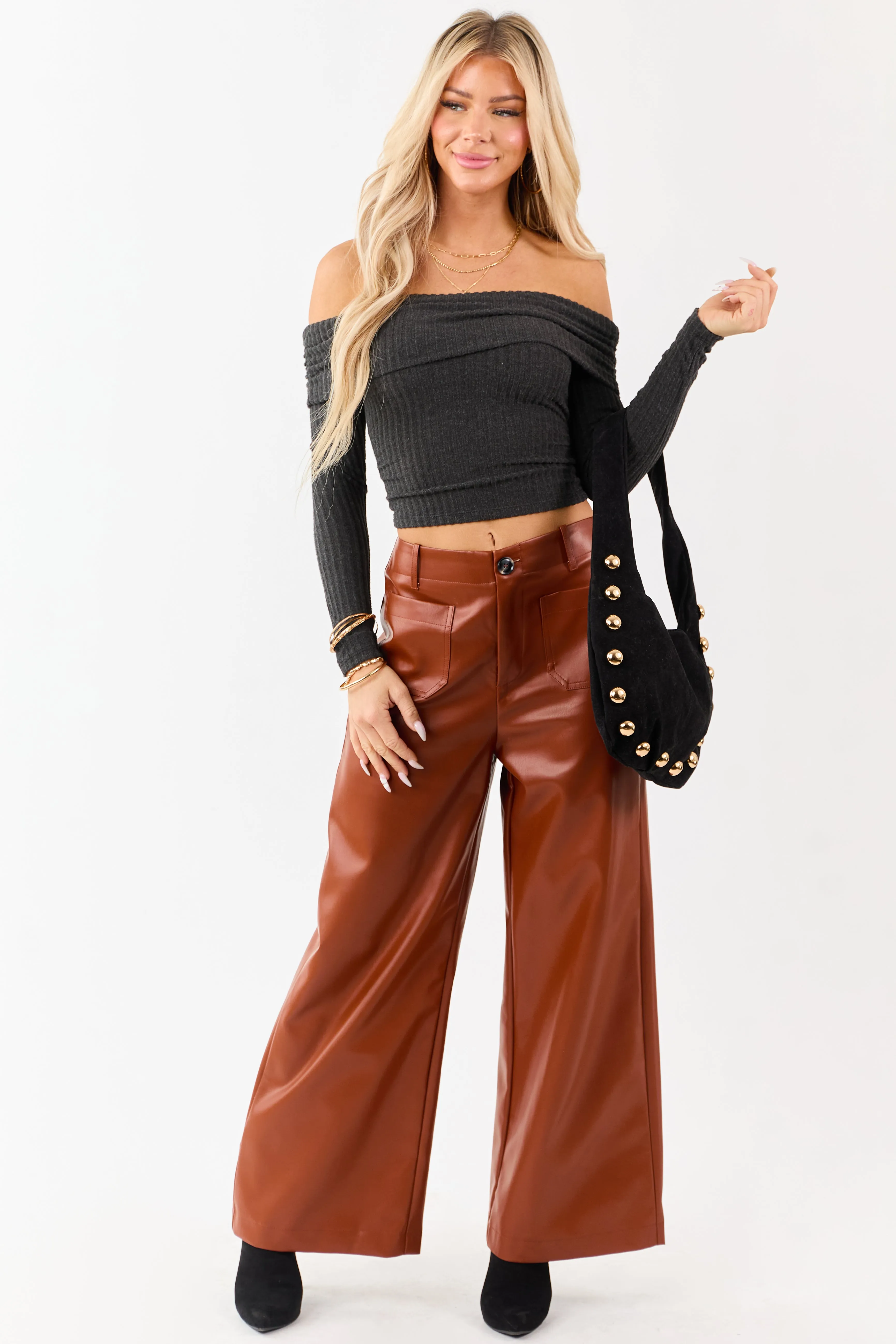 Lovelo Rust Faux Leather Wide Leg Pants sold by Lime Lush product image thumbnail 5
