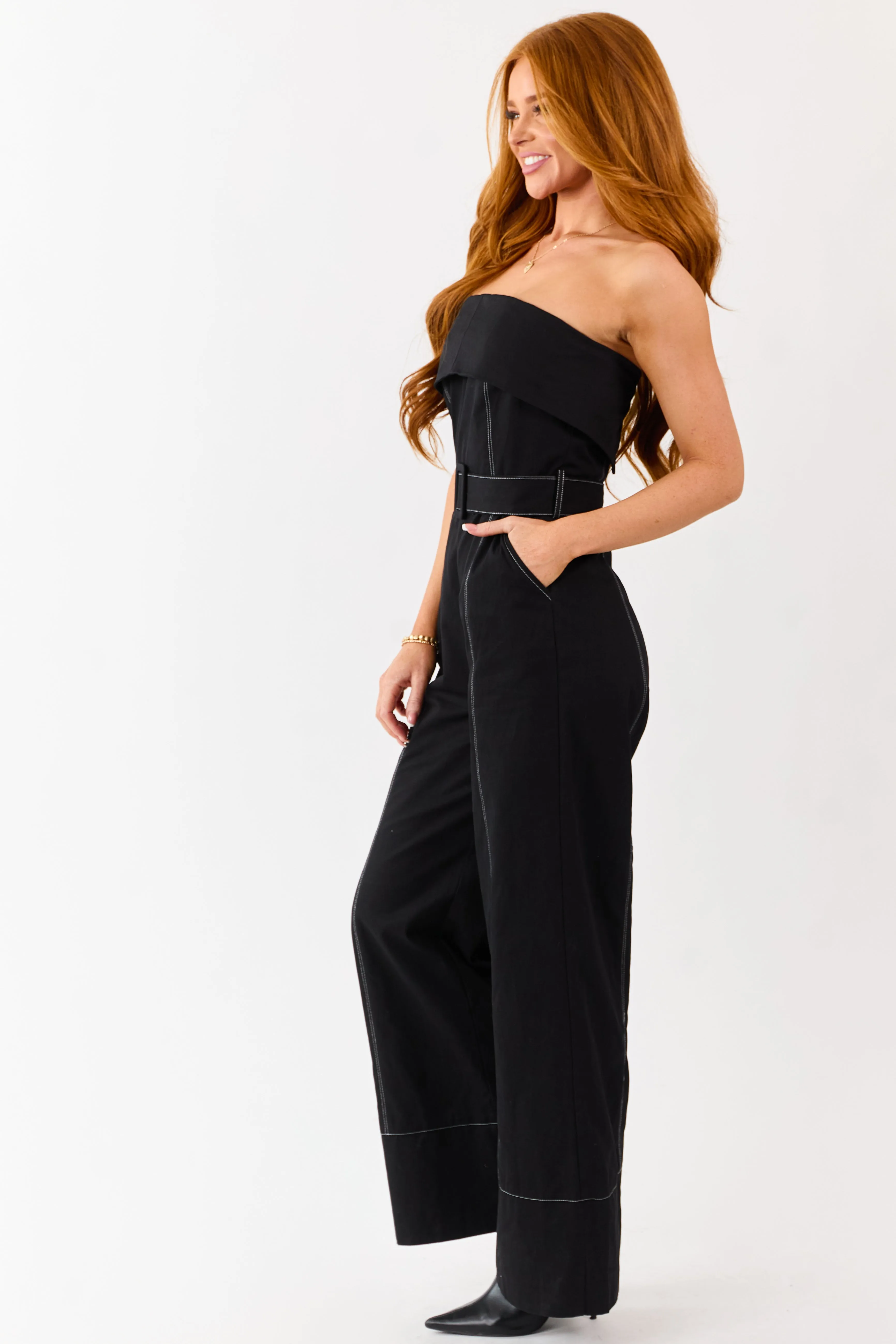Black Cotton Strapless Contrast Stitching Jumpsuit sold by Lime Lush product image thumbnail 5