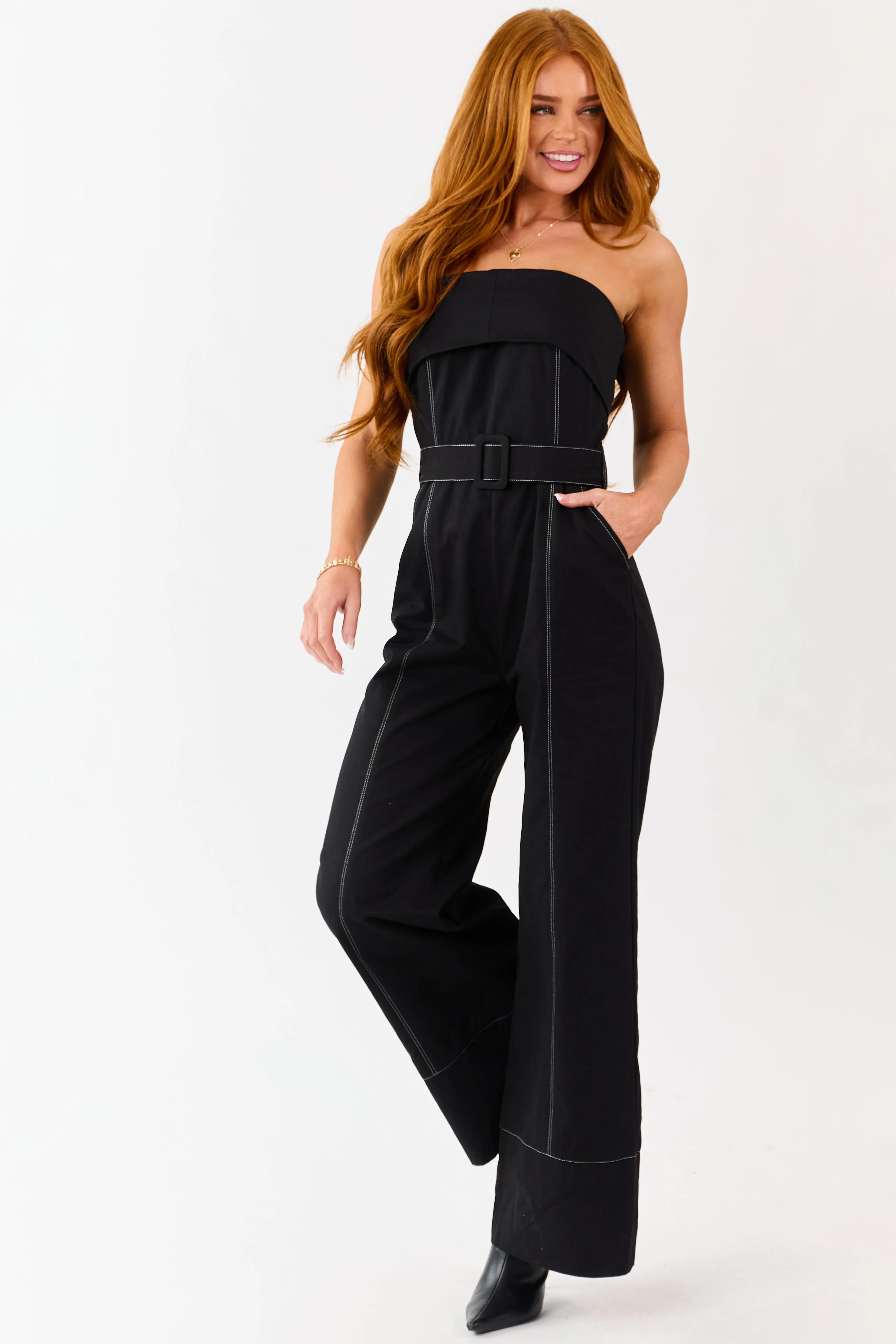 Black Cotton Strapless Contrast Stitching Jumpsuit sold by Lime Lush product image thumbnail 3