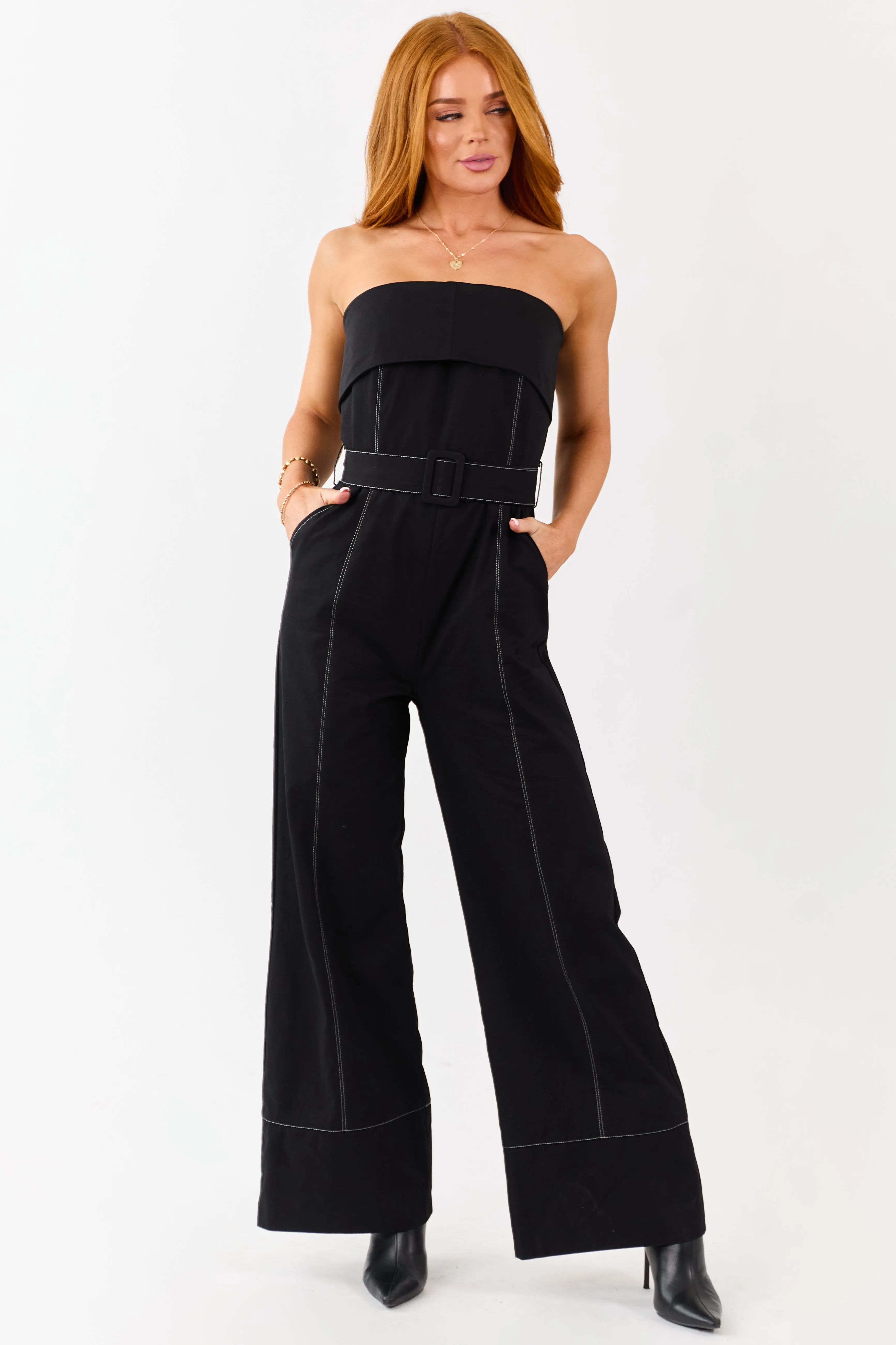 Black Cotton Strapless Contrast Stitching Jumpsuit sold by Lime Lush