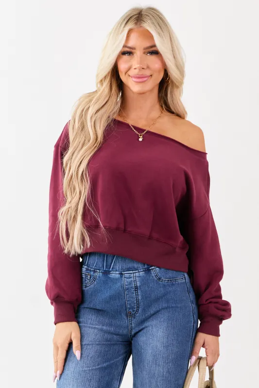 Wine Off the Shoulder Cropped Sweatshirt sold by Lime Lush