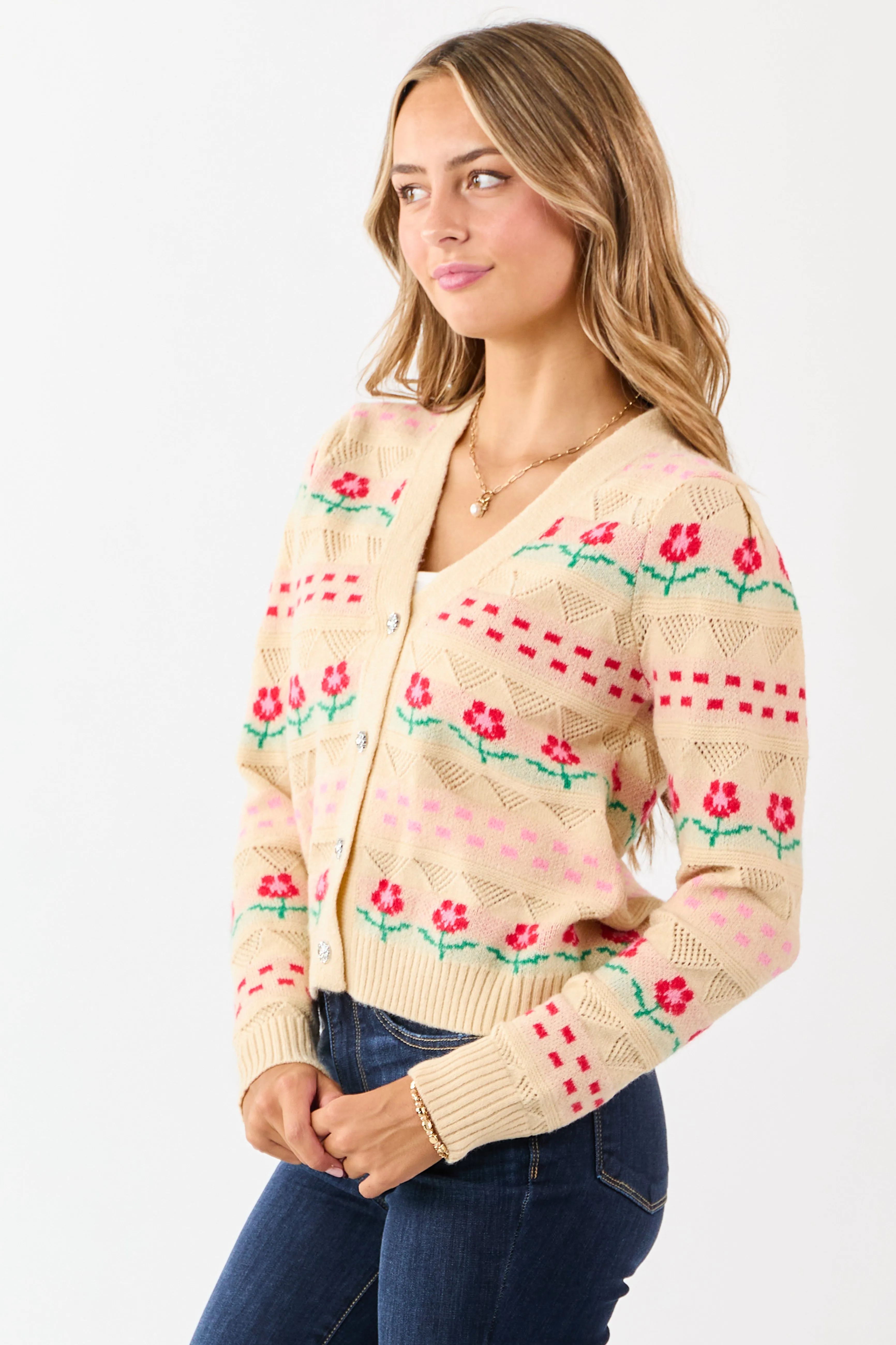 Almond Floral Print Pointelle Knit Cardigan sold by Lime Lush product image thumbnail 4