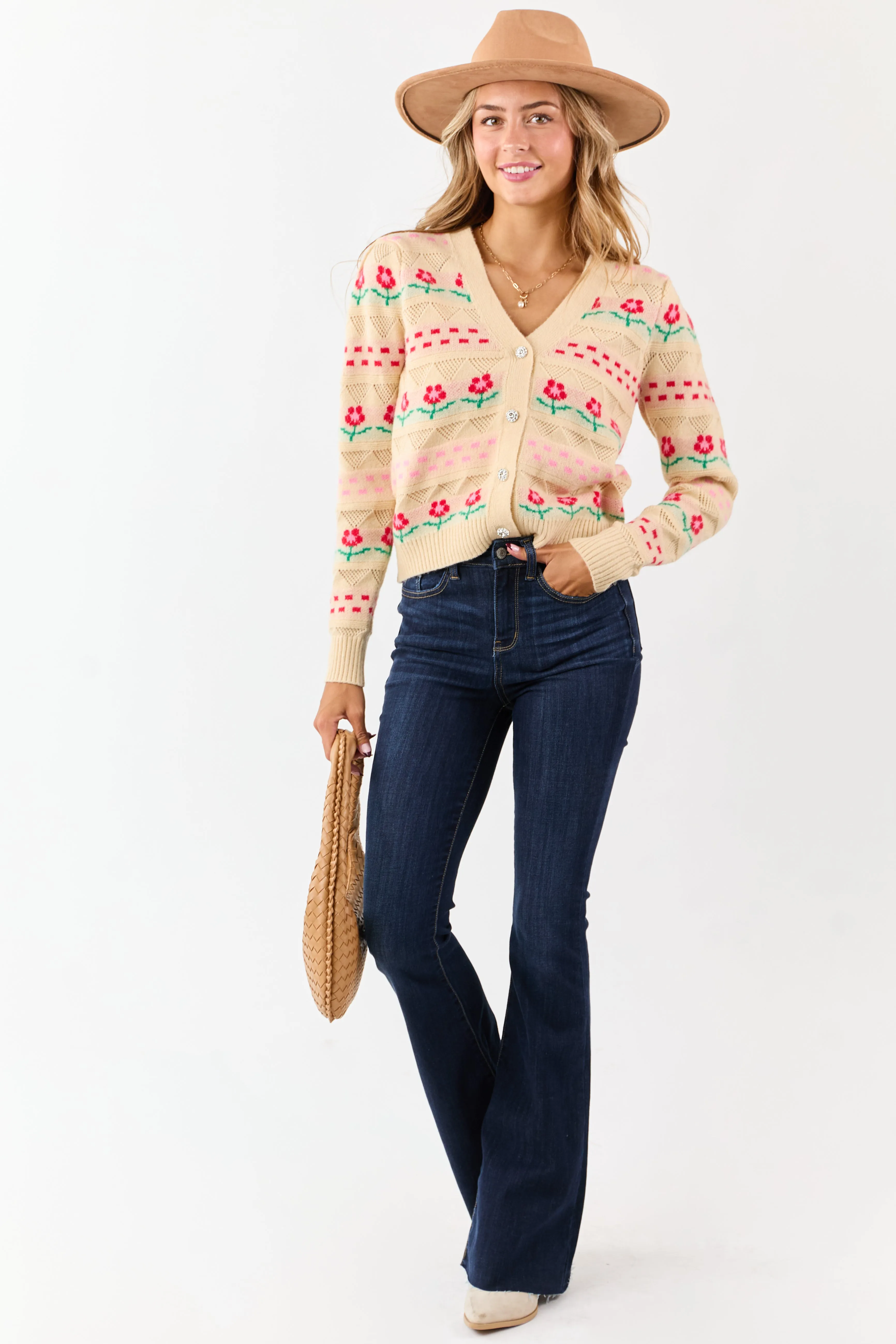 Almond Floral Print Pointelle Knit Cardigan sold by Lime Lush product image thumbnail 3