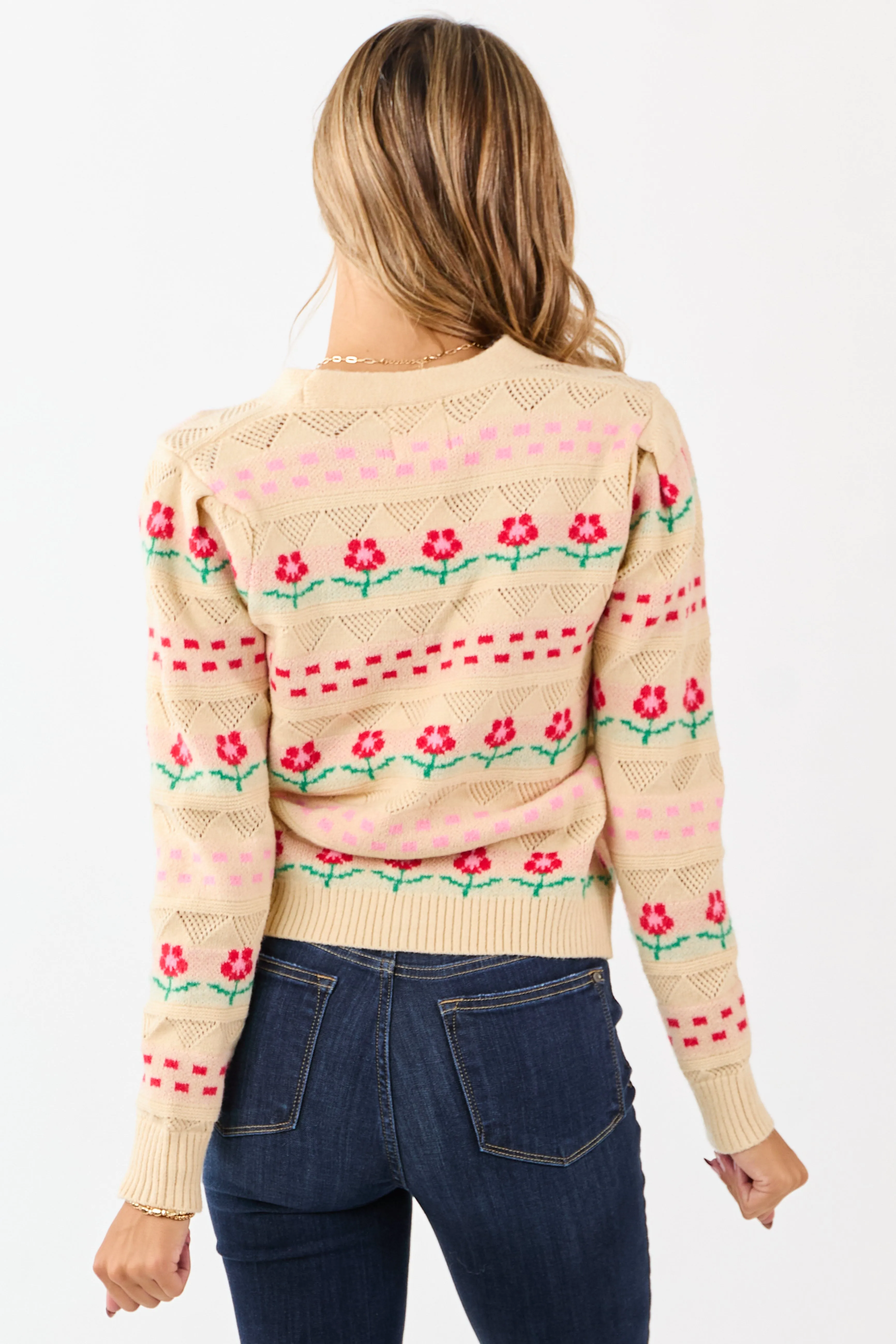Almond Floral Print Pointelle Knit Cardigan sold by Lime Lush product image thumbnail 5