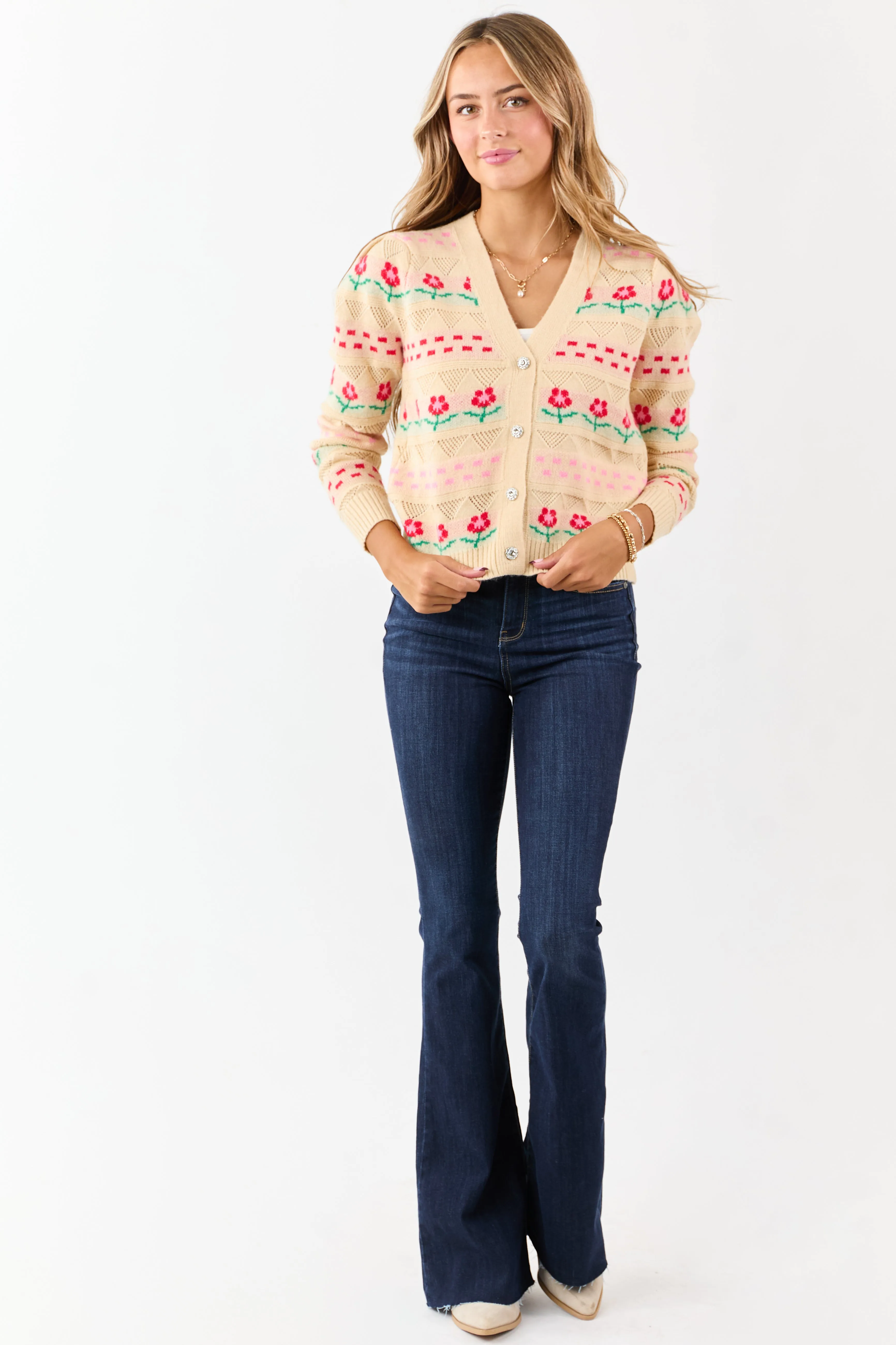 Almond Floral Print Pointelle Knit Cardigan sold by Lime Lush product image thumbnail 2