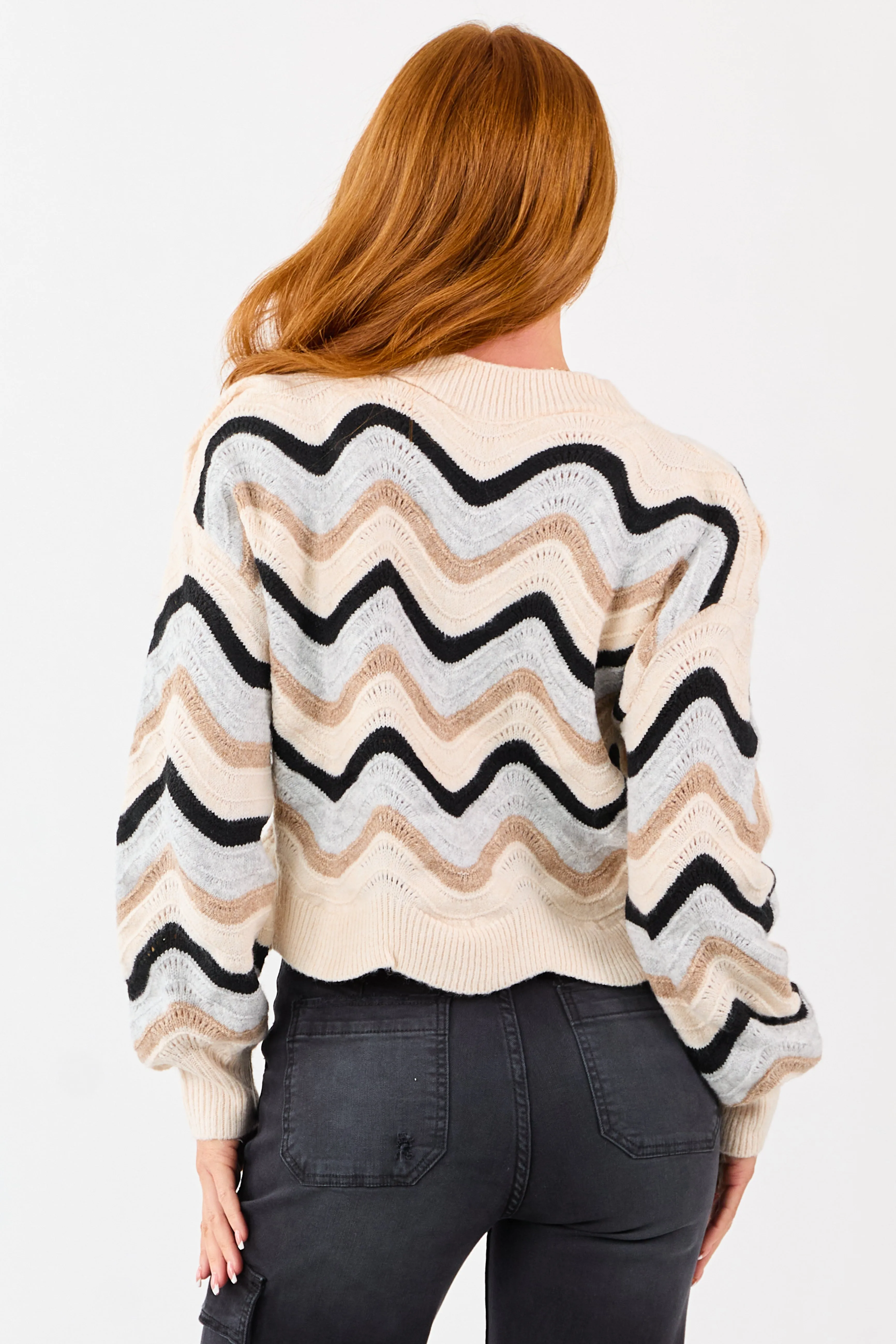 Champagne Wavy Strip Ribbed Trim Knit Sweater sold by Lime Lush product image thumbnail 5