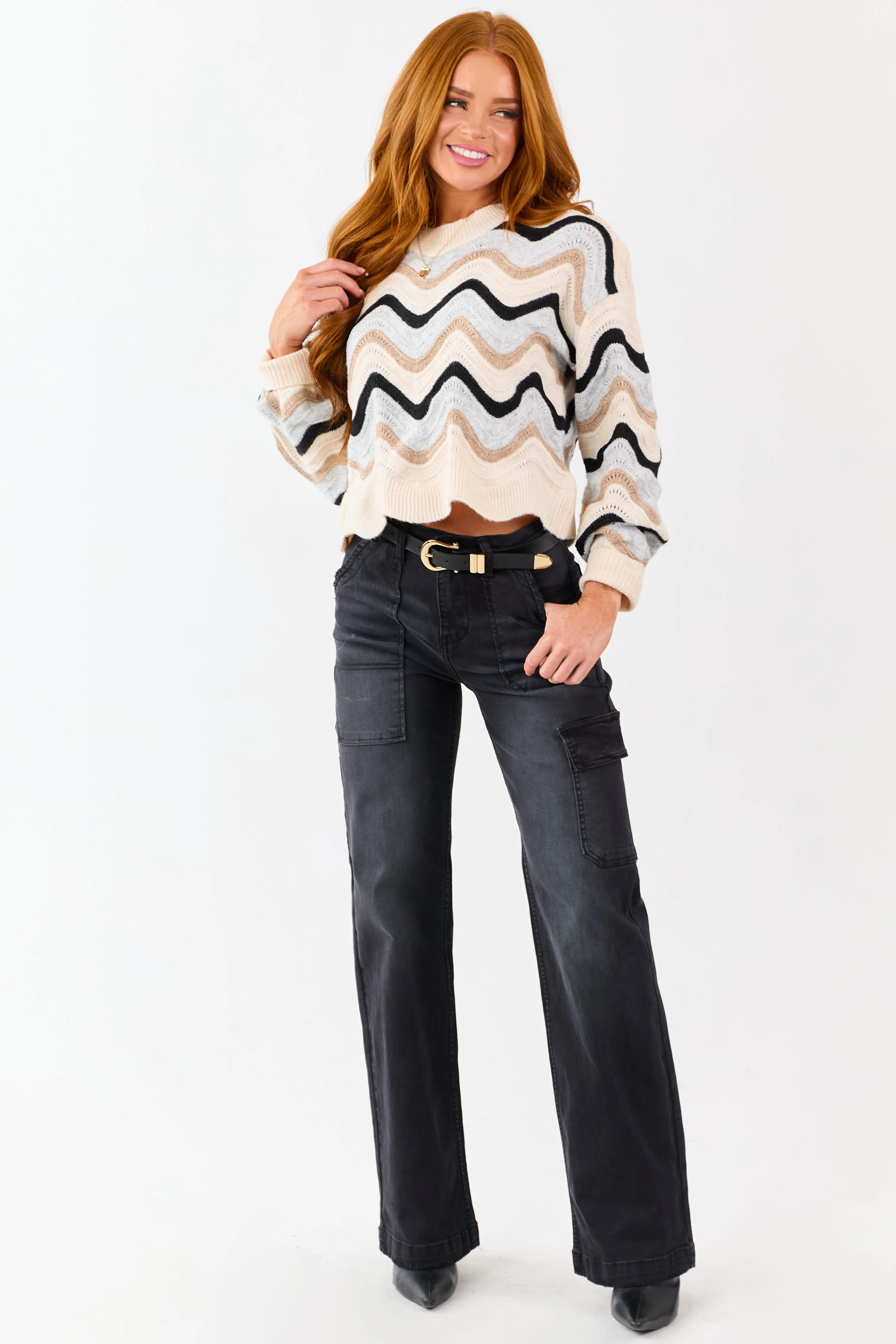 Champagne Wavy Strip Ribbed Trim Knit Sweater sold by Lime Lush product image thumbnail 2
