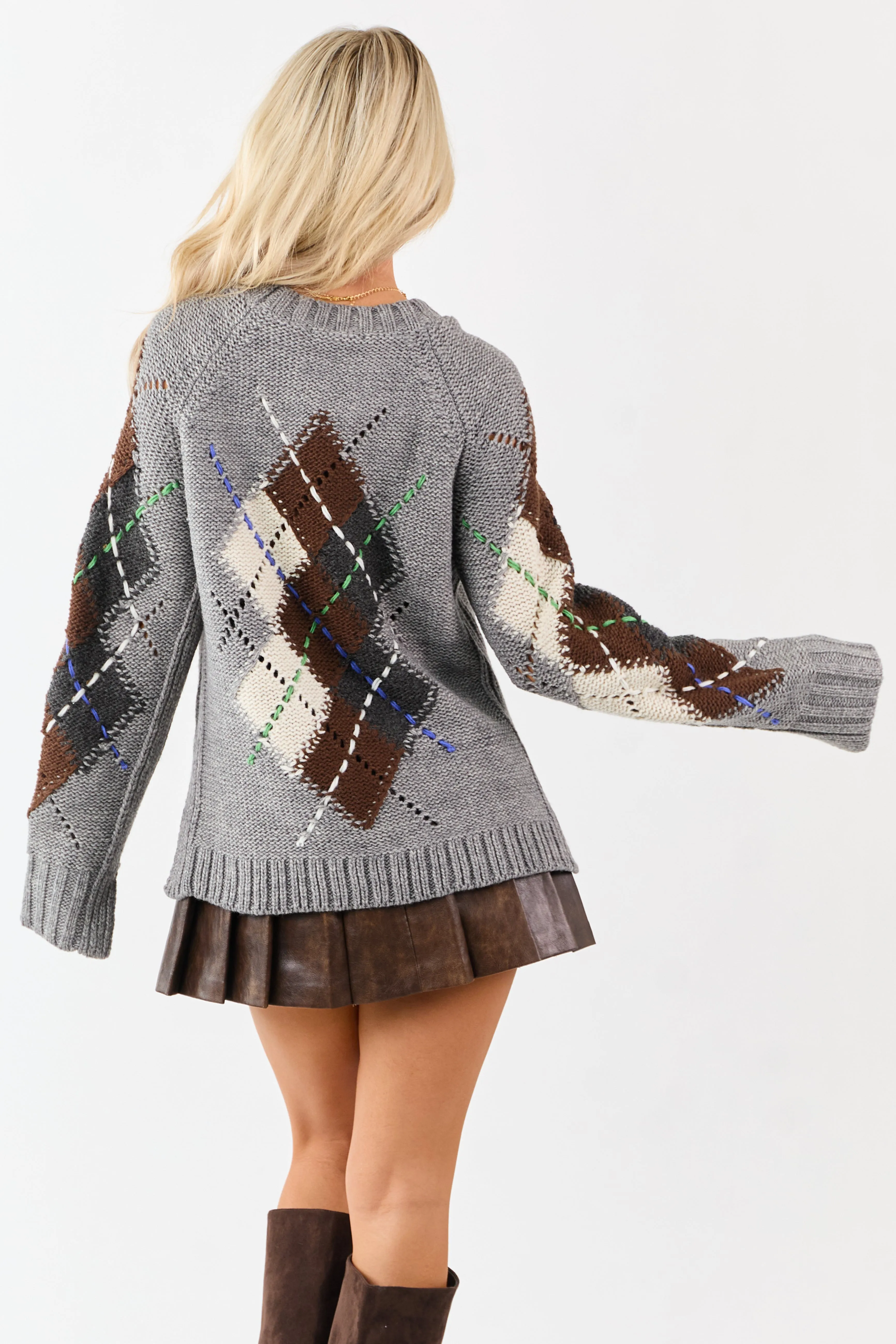 Stone Argyle Wool Blend Long Sleeve Sweater sold by Lime Lush product image thumbnail 5