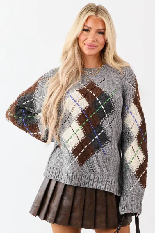 Stone Argyle Wool Blend Long Sleeve Sweater sold by Lime Lush