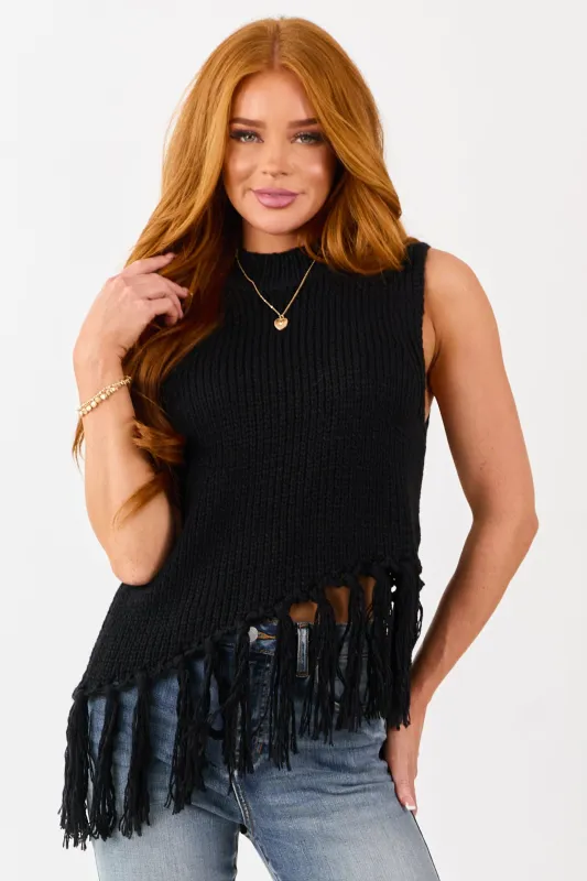 Black Mock Neck Asymmetrical Tassel Hem Tank Top sold by Lime Lush