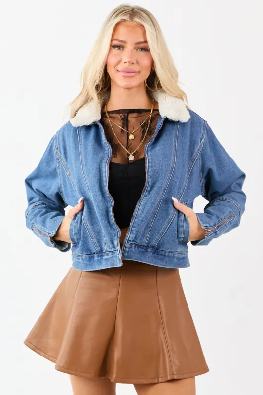 Medium Wash Fleece Lined Zip Up Denim Jacket sold by Lime Lush