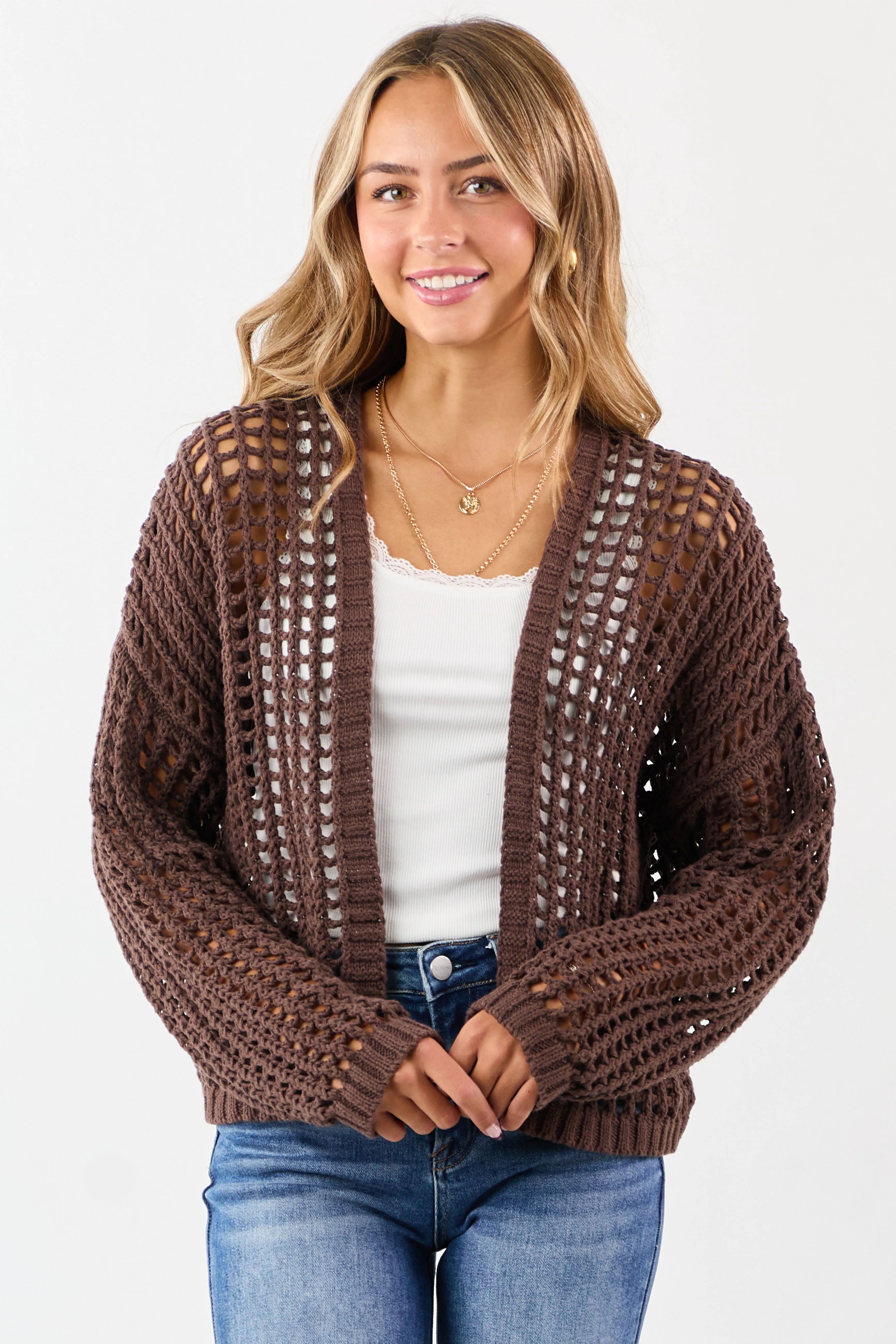 Cocoa Crochet Knit Open Front Cardigan sold by Lime Lush