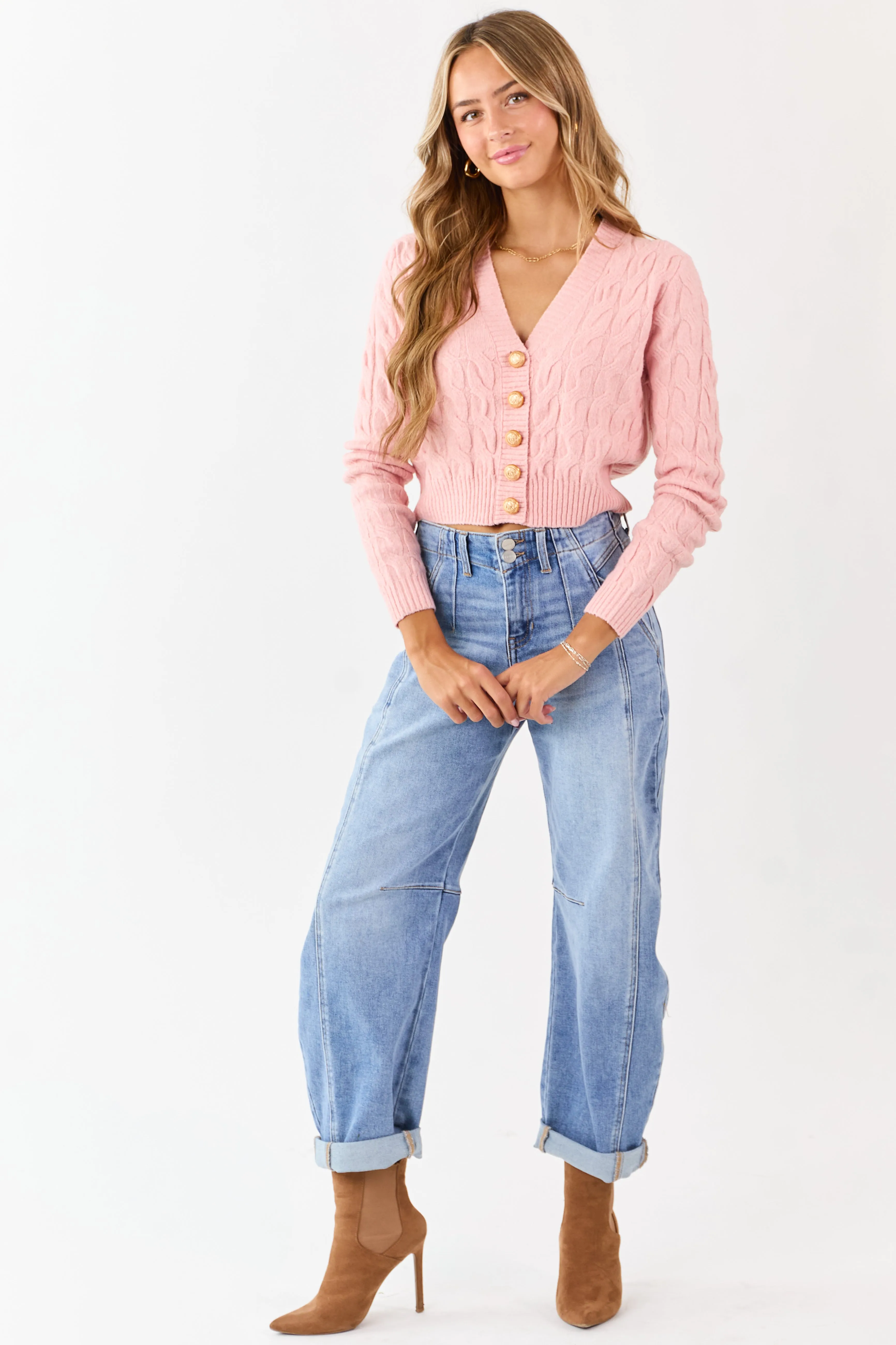 Carnation Button Down Cable Knit Sweater Cardigan sold by Lime Lush product image thumbnail 2