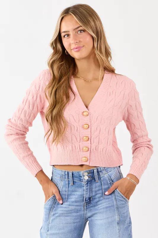 Carnation Button Down Cable Knit Sweater Cardigan sold by Lime Lush