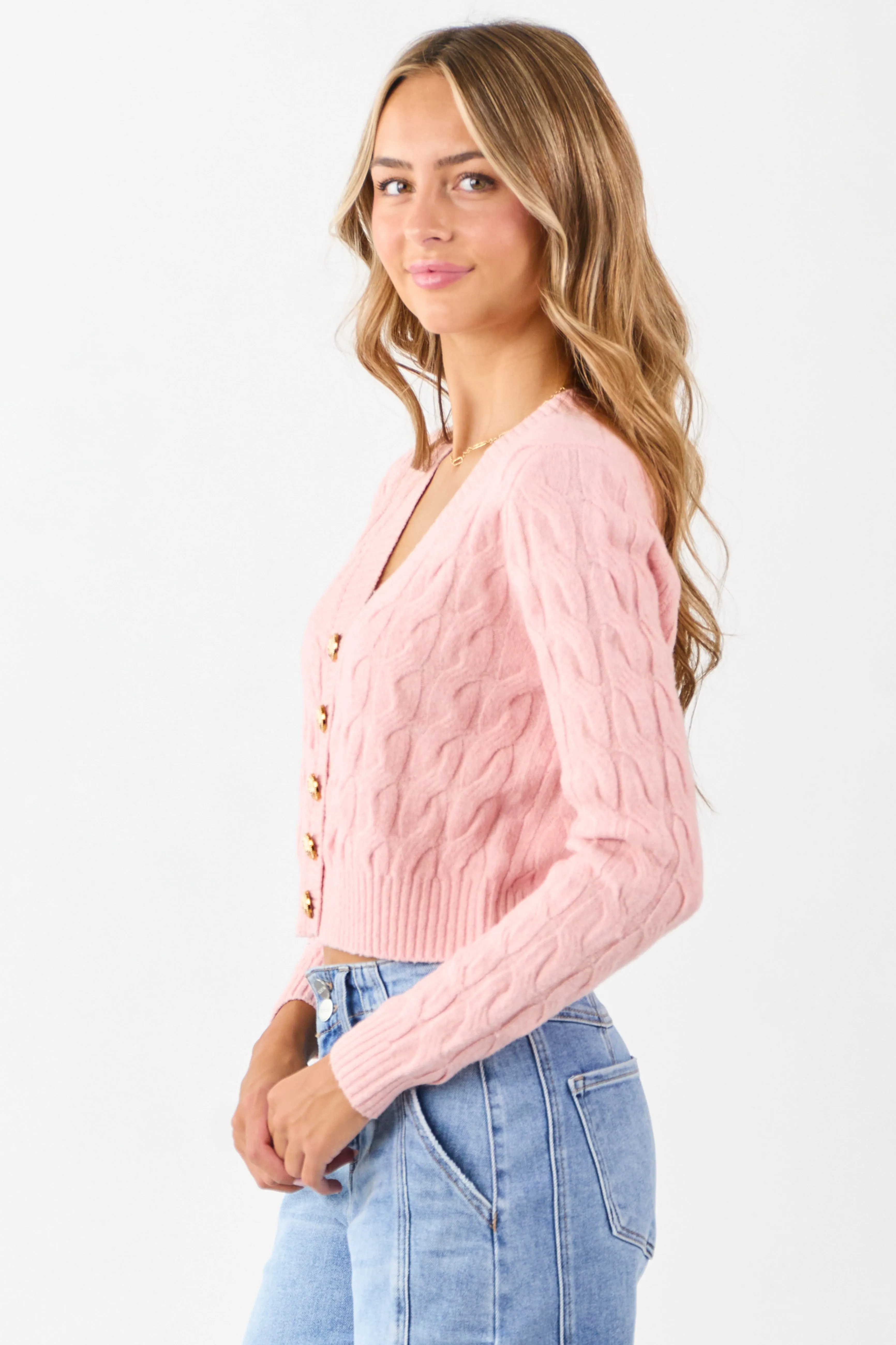 Carnation Button Down Cable Knit Sweater Cardigan sold by Lime Lush product image thumbnail 5