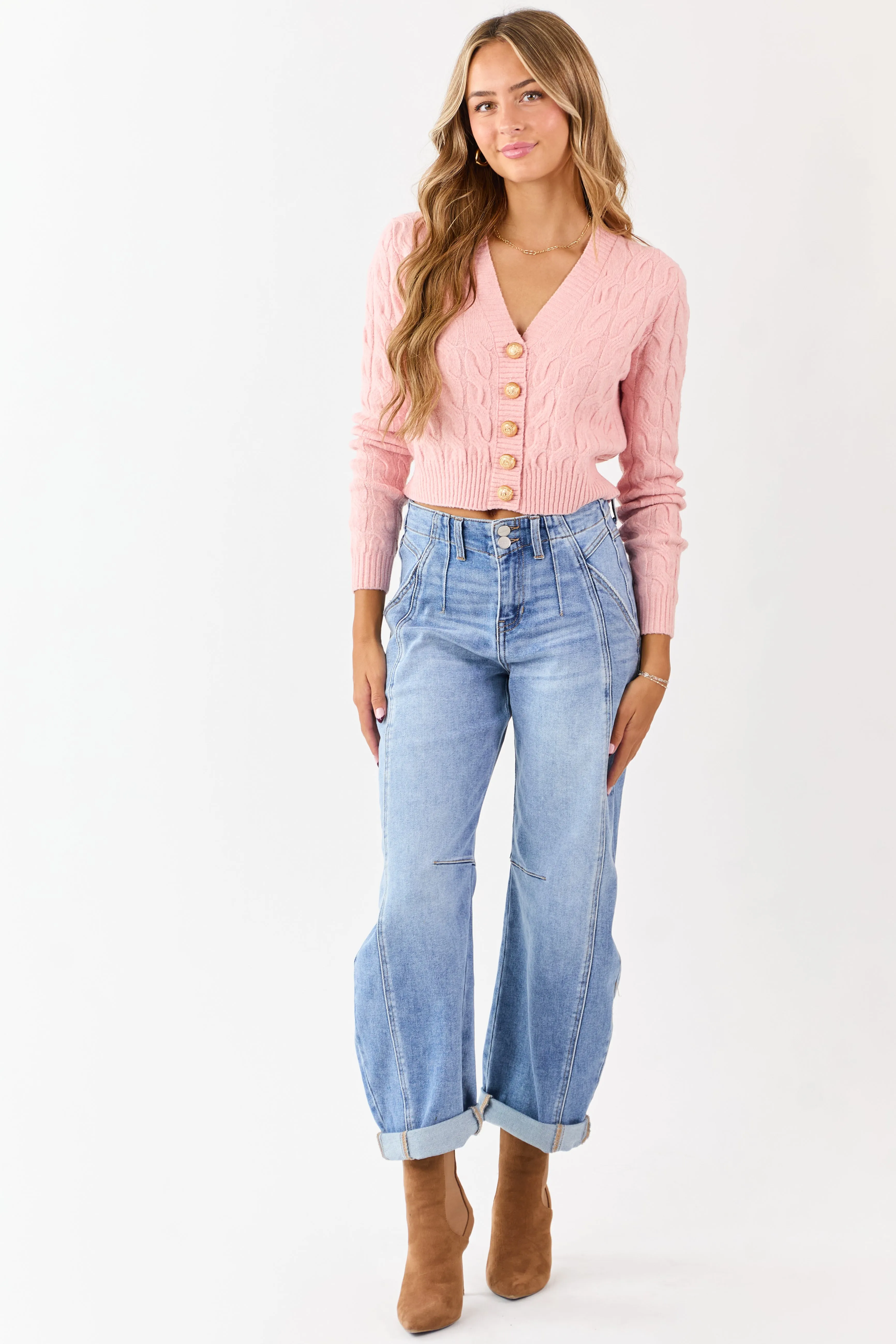Carnation Button Down Cable Knit Sweater Cardigan sold by Lime Lush product image thumbnail 4