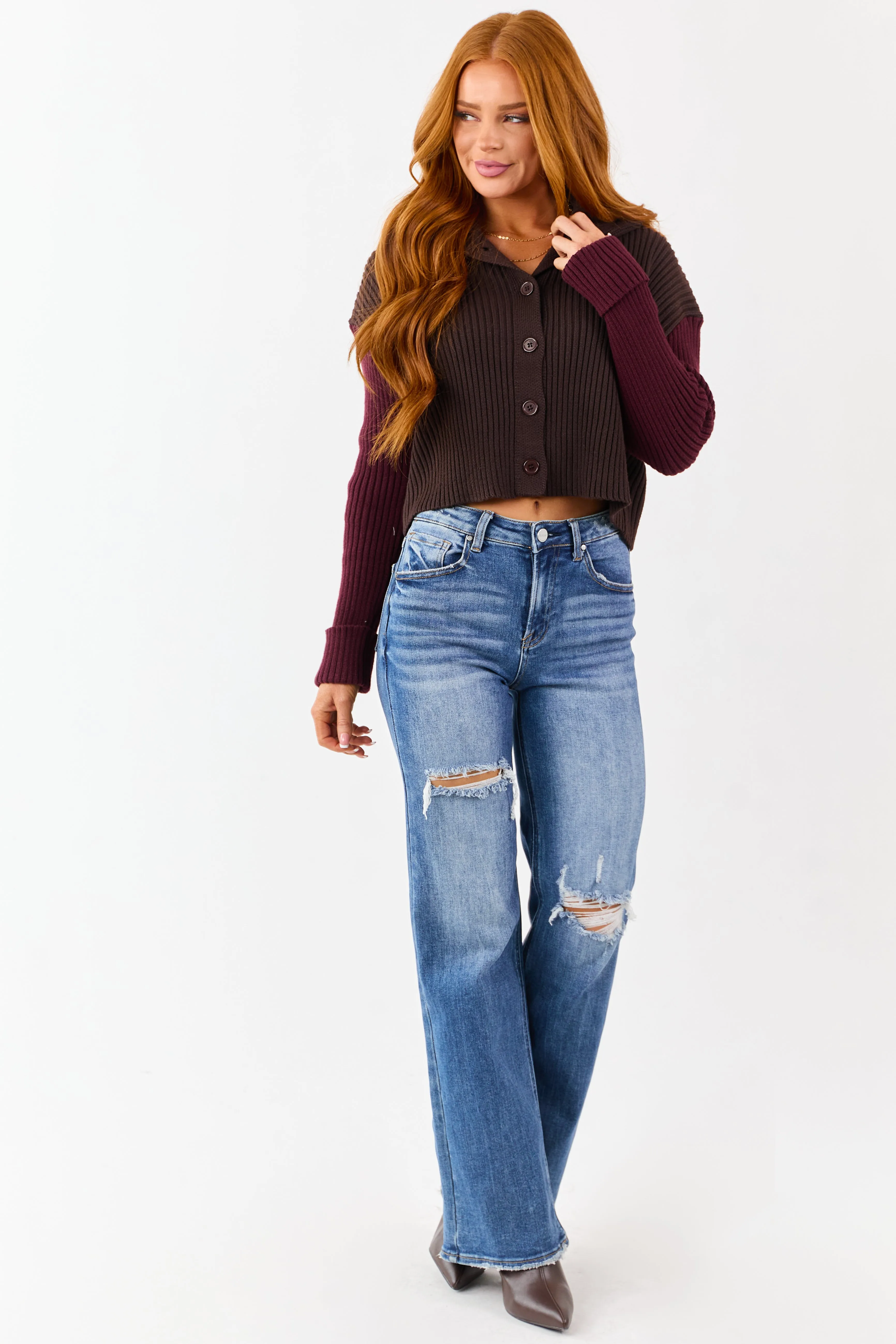 Cocoa and Maroon Contrast Sleeve Sweater Cardigan sold by Lime Lush product image thumbnail 2