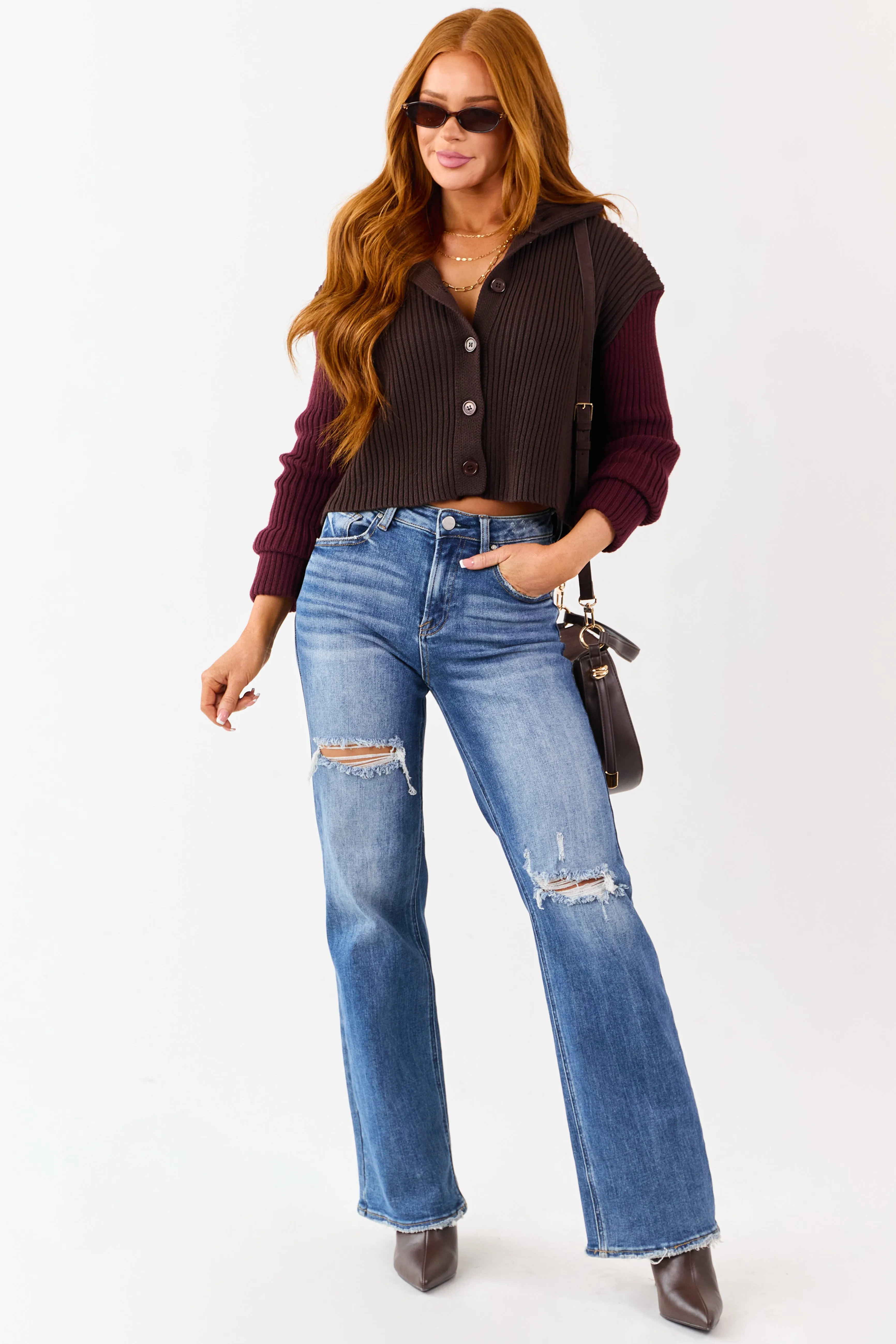 Cocoa and Maroon Contrast Sleeve Sweater Cardigan sold by Lime Lush product image thumbnail 4