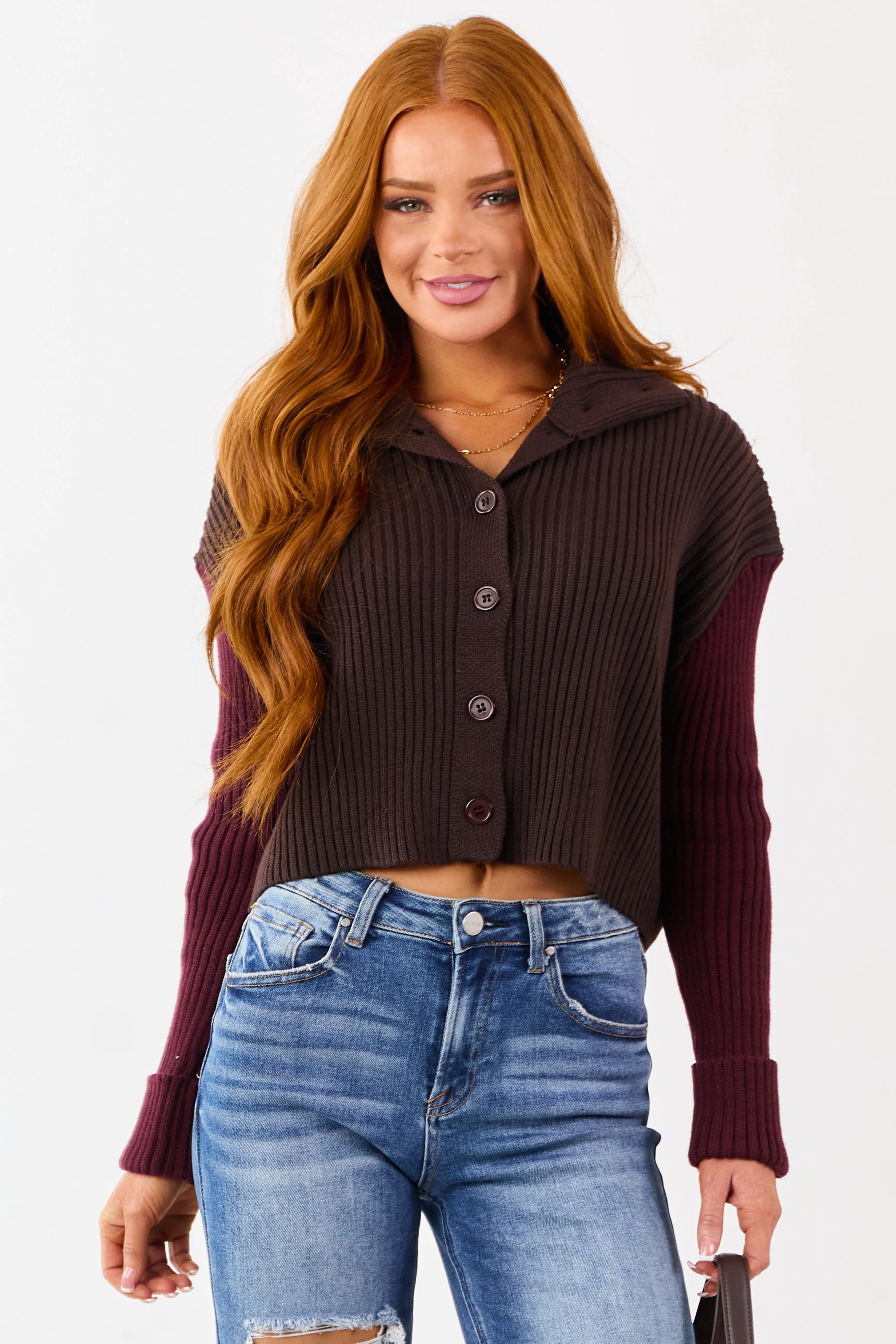 Cocoa and Maroon Contrast Sleeve Sweater Cardigan sold by Lime Lush