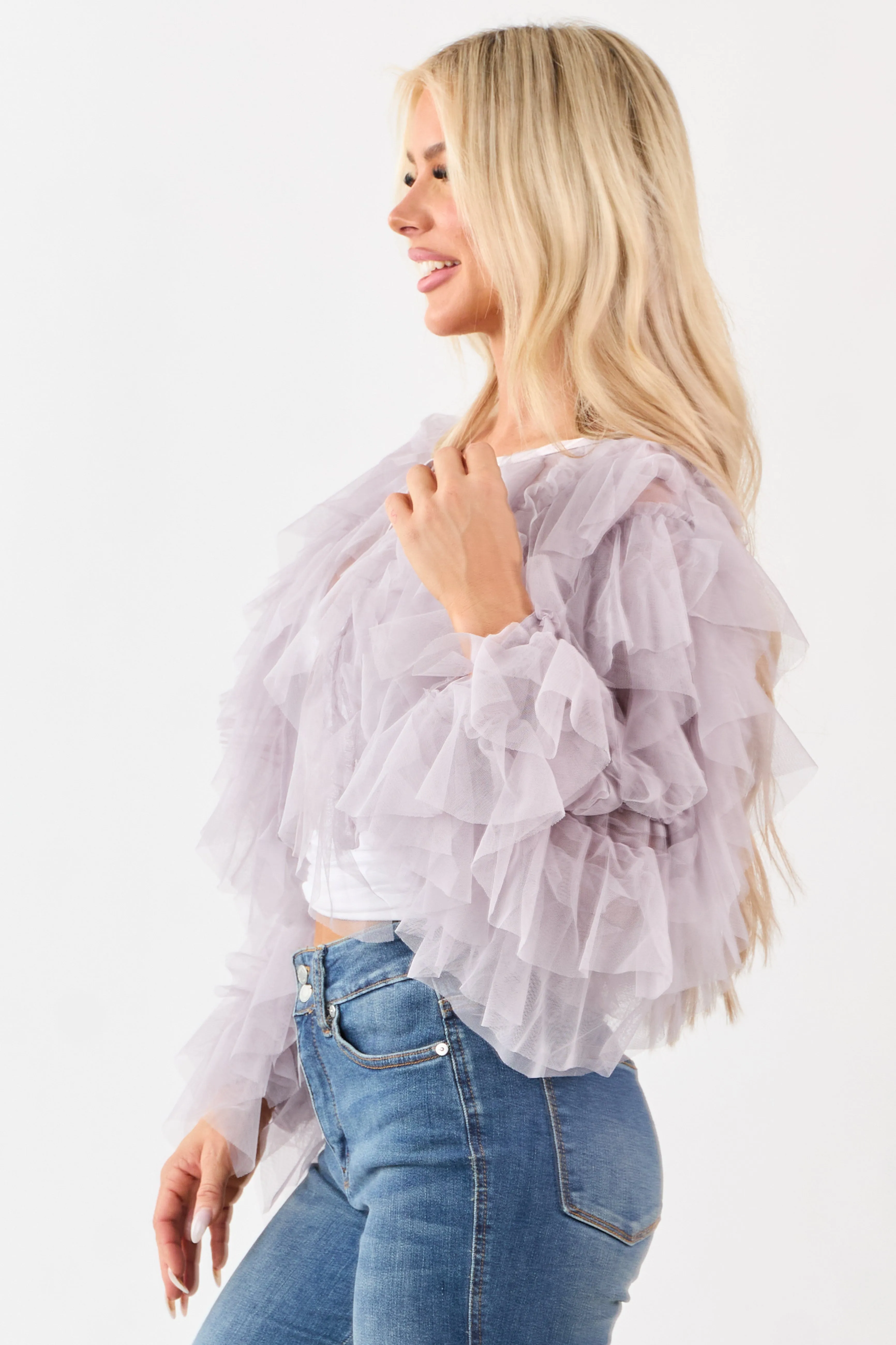 Dusty Lavender Tulle Ruffle Cropped Cardigan sold by Lime Lush product image thumbnail 4