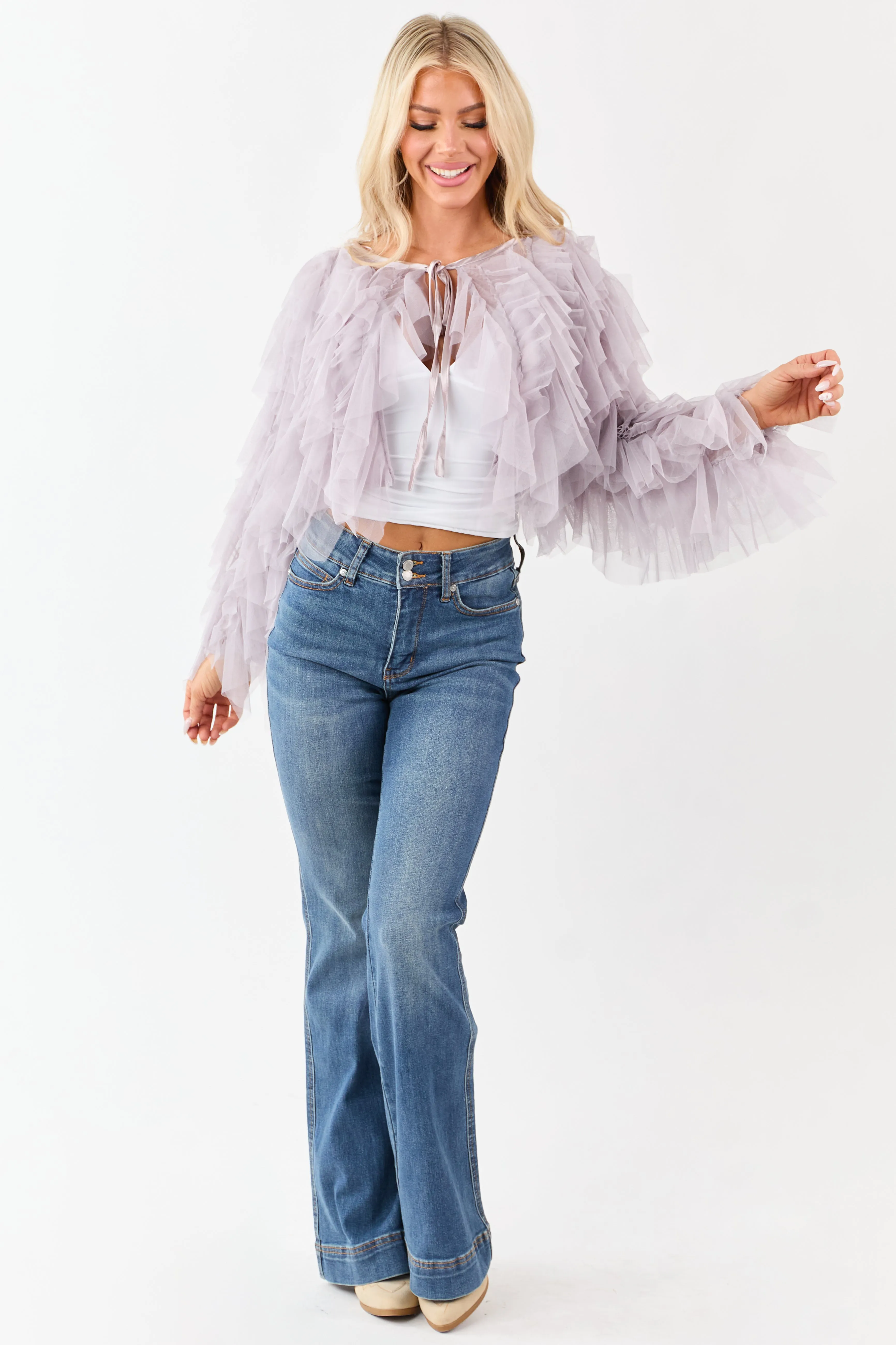 Dusty Lavender Tulle Ruffle Cropped Cardigan sold by Lime Lush product image thumbnail 2
