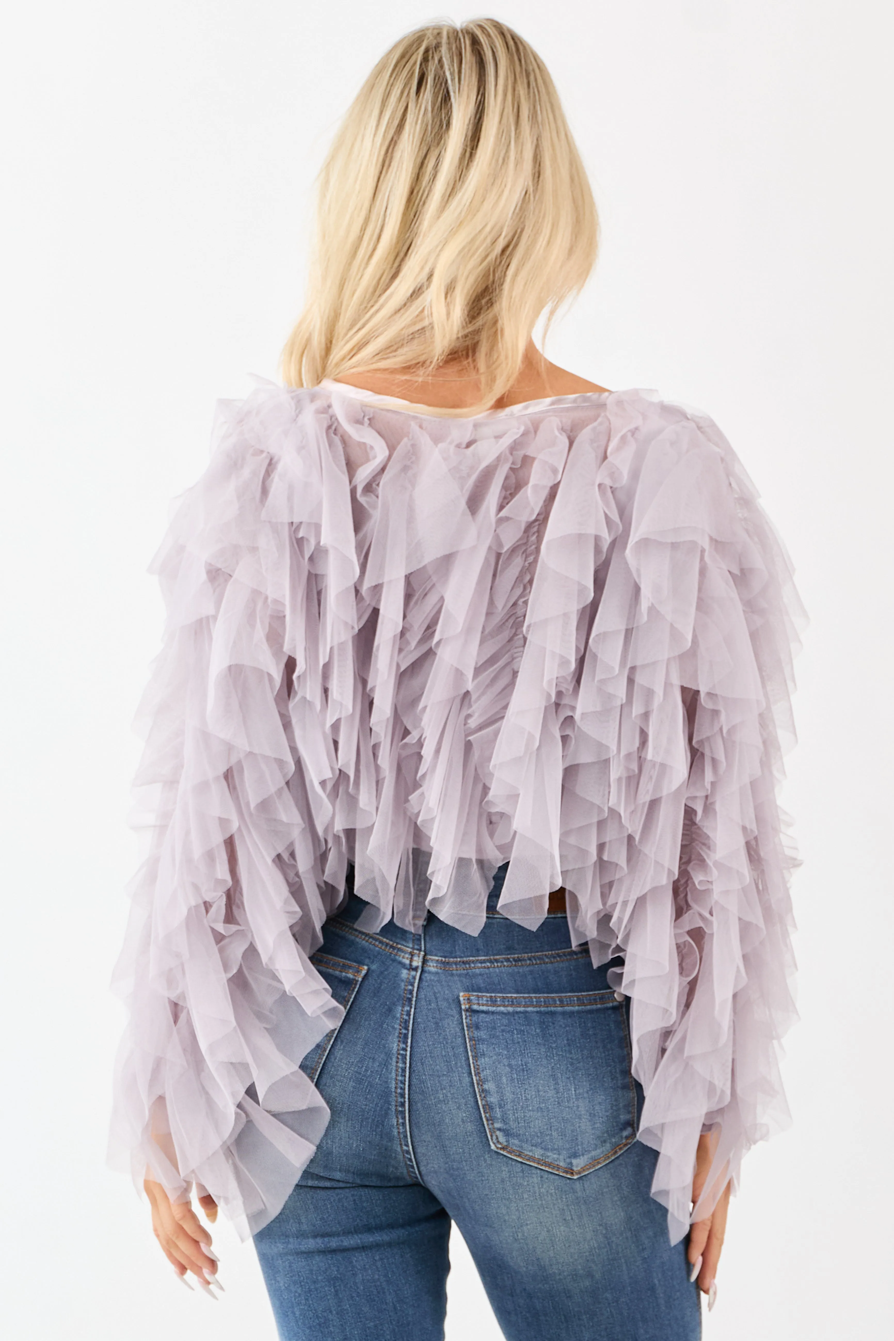 Dusty Lavender Tulle Ruffle Cropped Cardigan sold by Lime Lush product image thumbnail 5