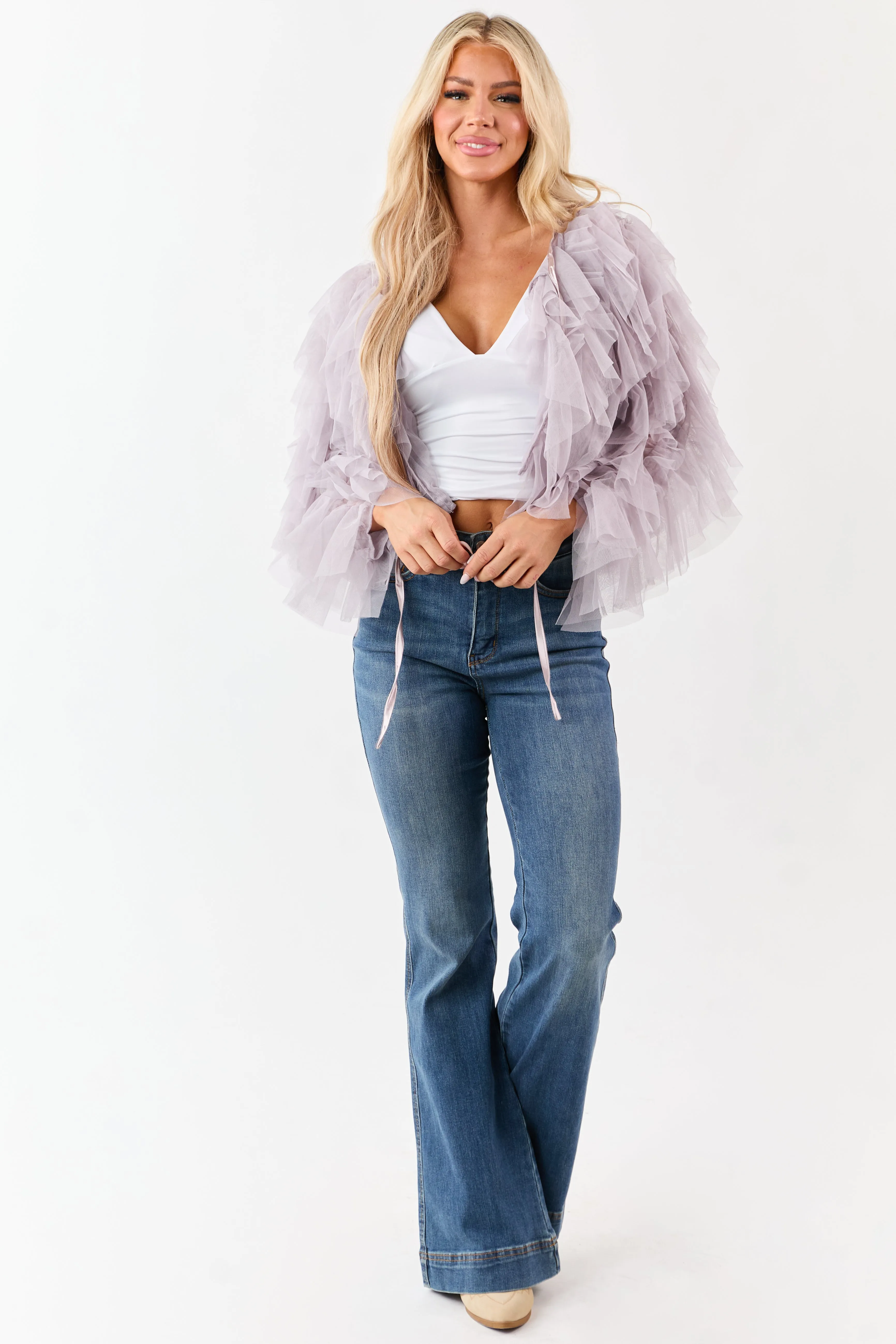 Dusty Lavender Tulle Ruffle Cropped Cardigan sold by Lime Lush product image thumbnail 3
