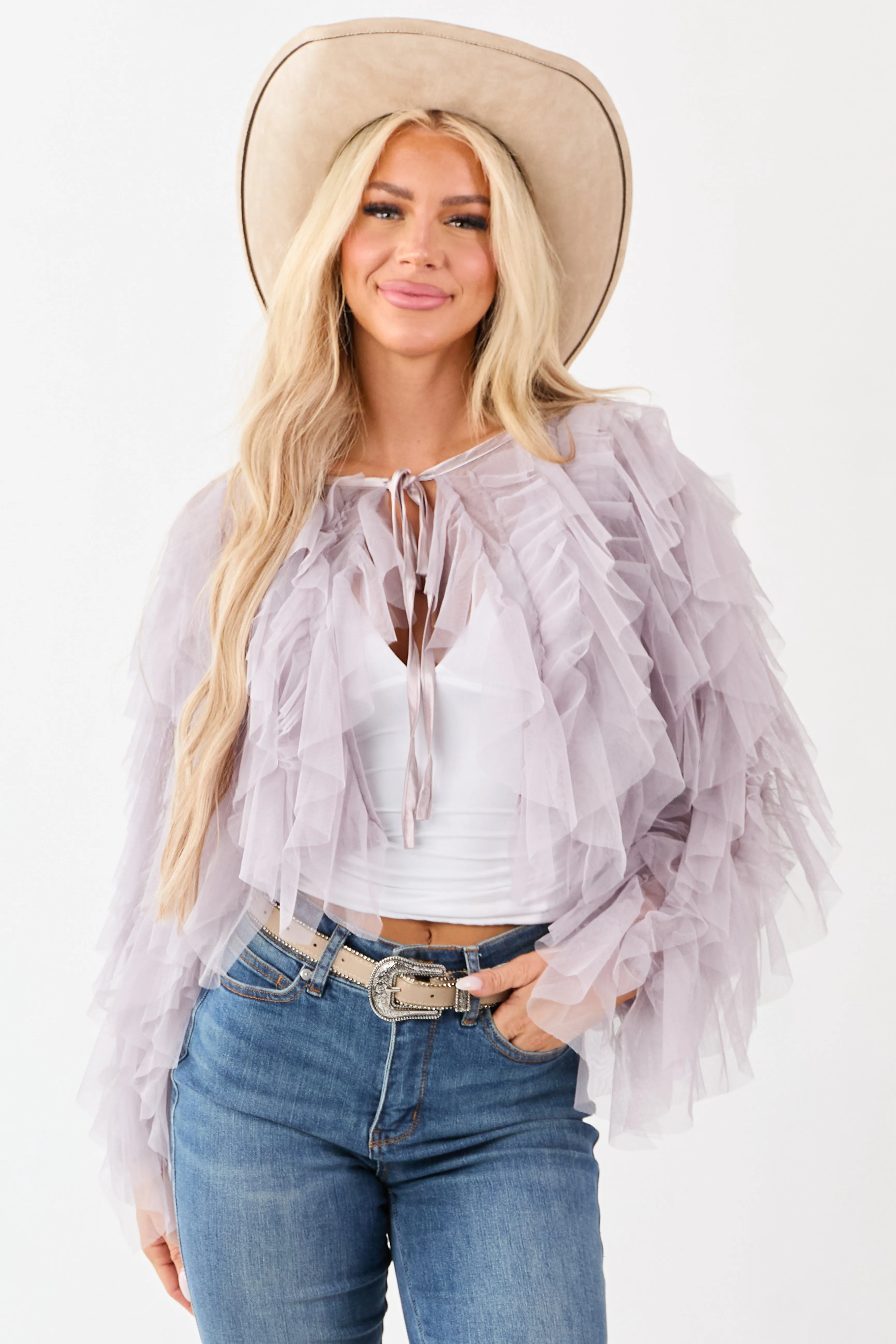 Dusty Lavender Tulle Ruffle Cropped Cardigan sold by Lime Lush