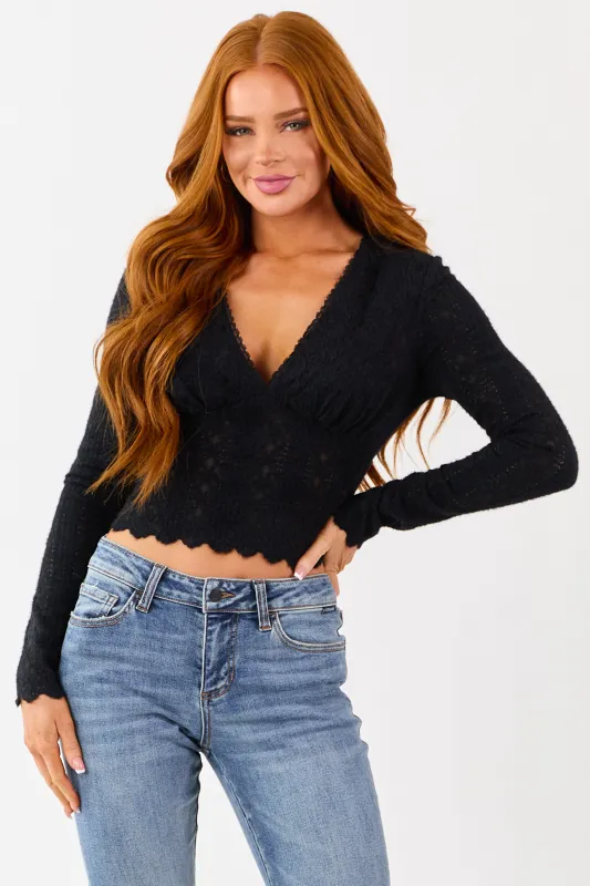 Black Fuzzy Knit Lace V-Neck Fitted Top sold by Lime Lush