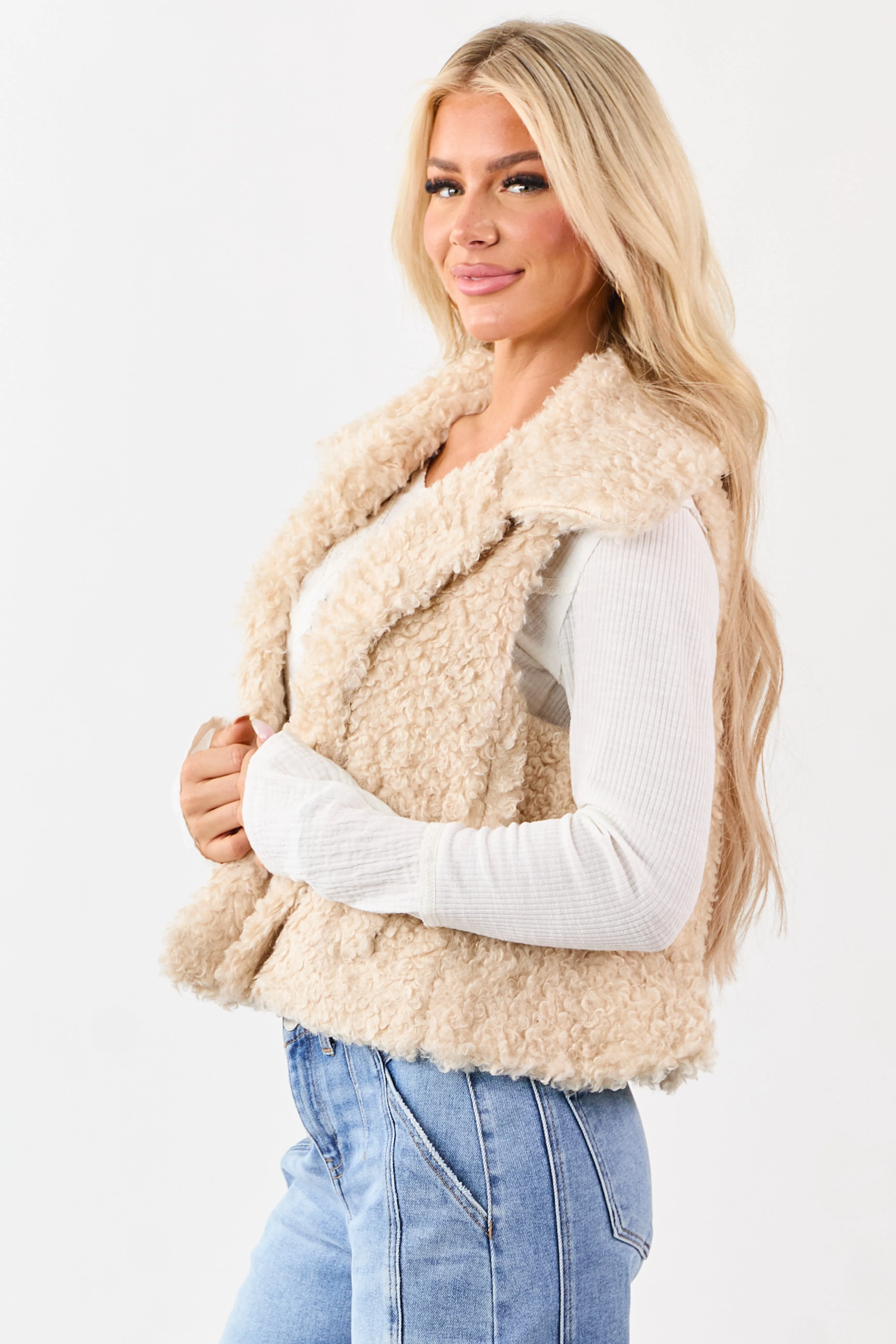 Almond Curly Sherpa Hidden Button Down Vest sold by Lime Lush product image thumbnail 5