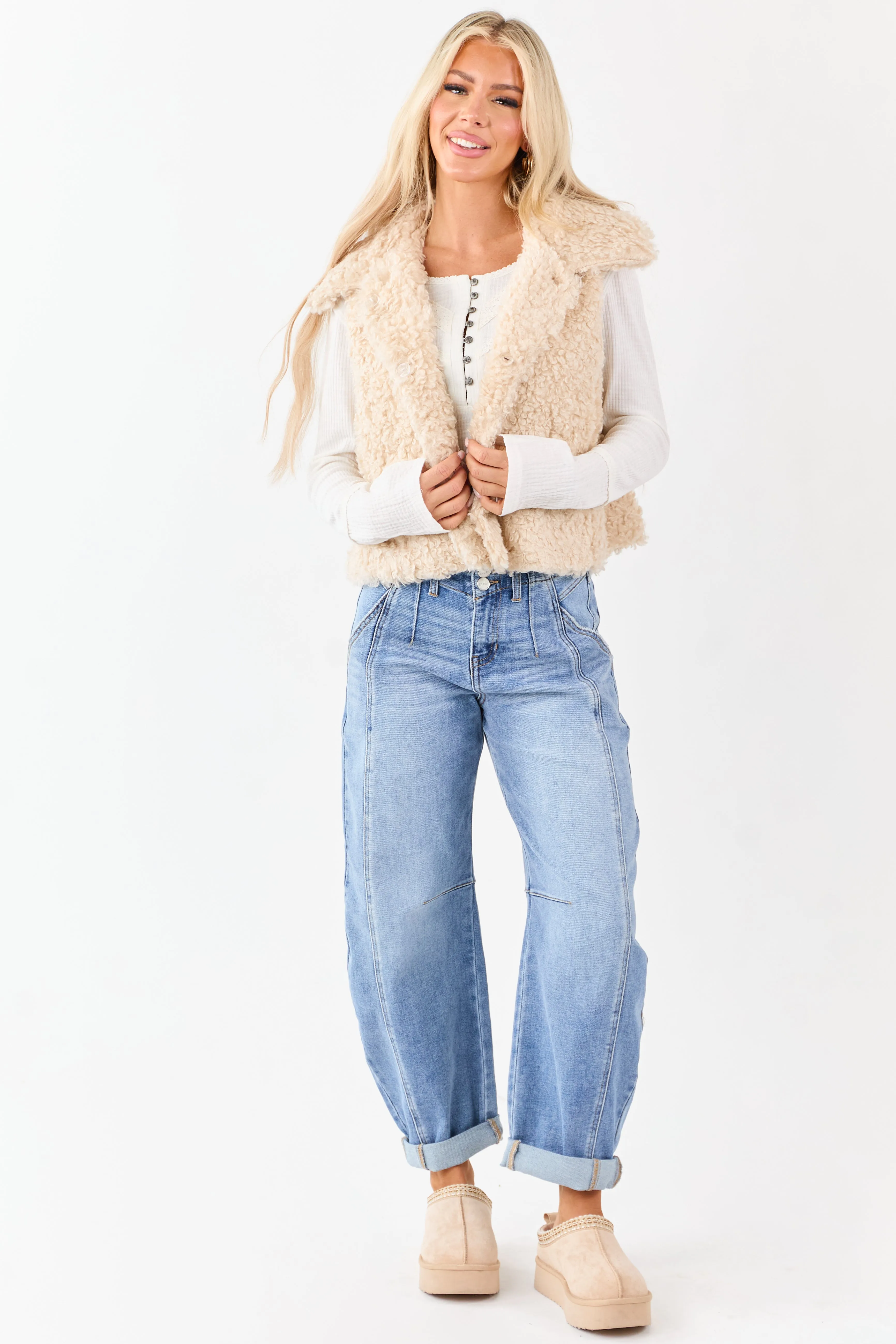 Almond Curly Sherpa Hidden Button Down Vest sold by Lime Lush product image thumbnail 2