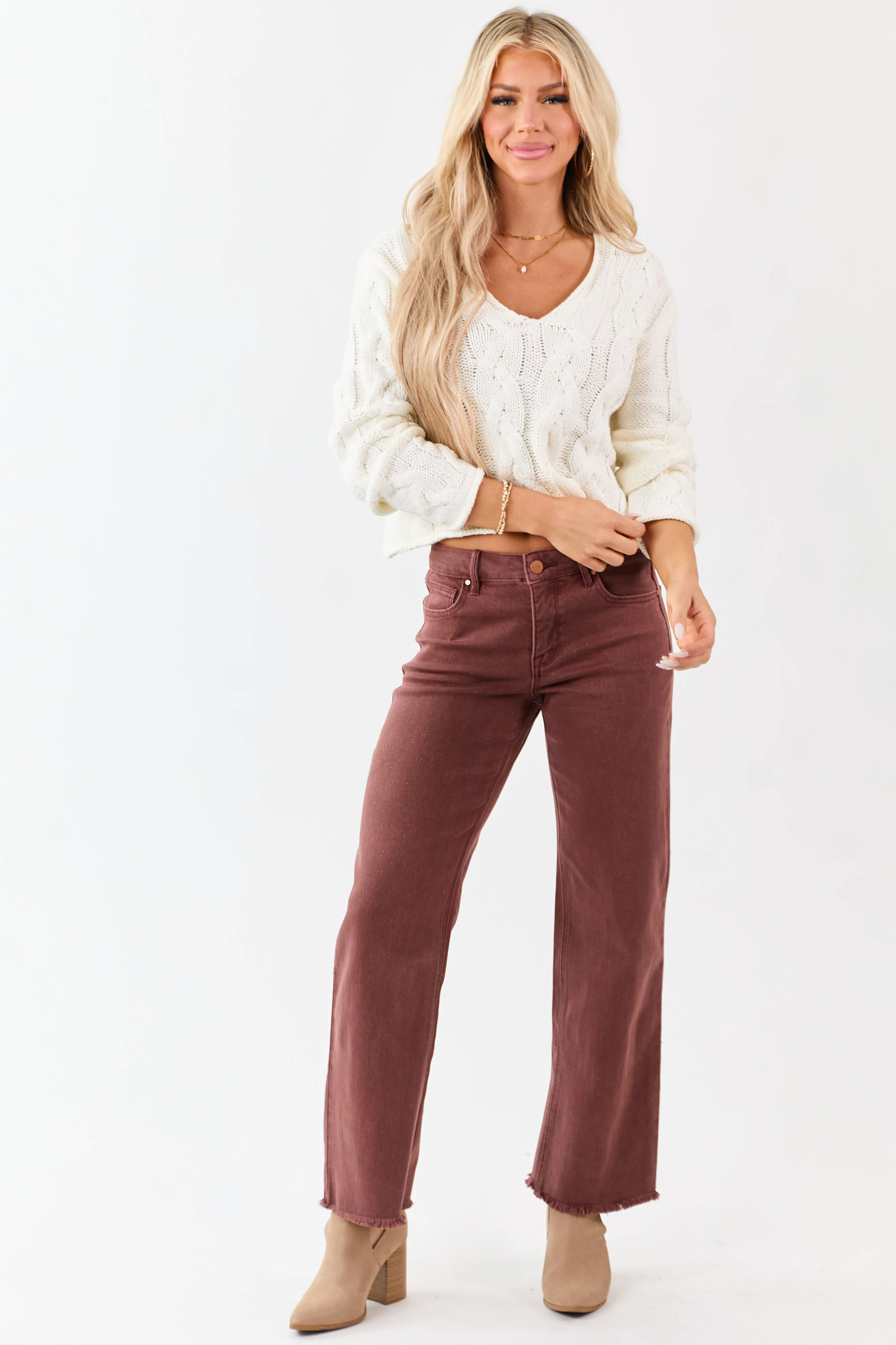 Cream Cable Knit V-Neck Long Sleeve Sweater sold by Lime Lush product image thumbnail 3