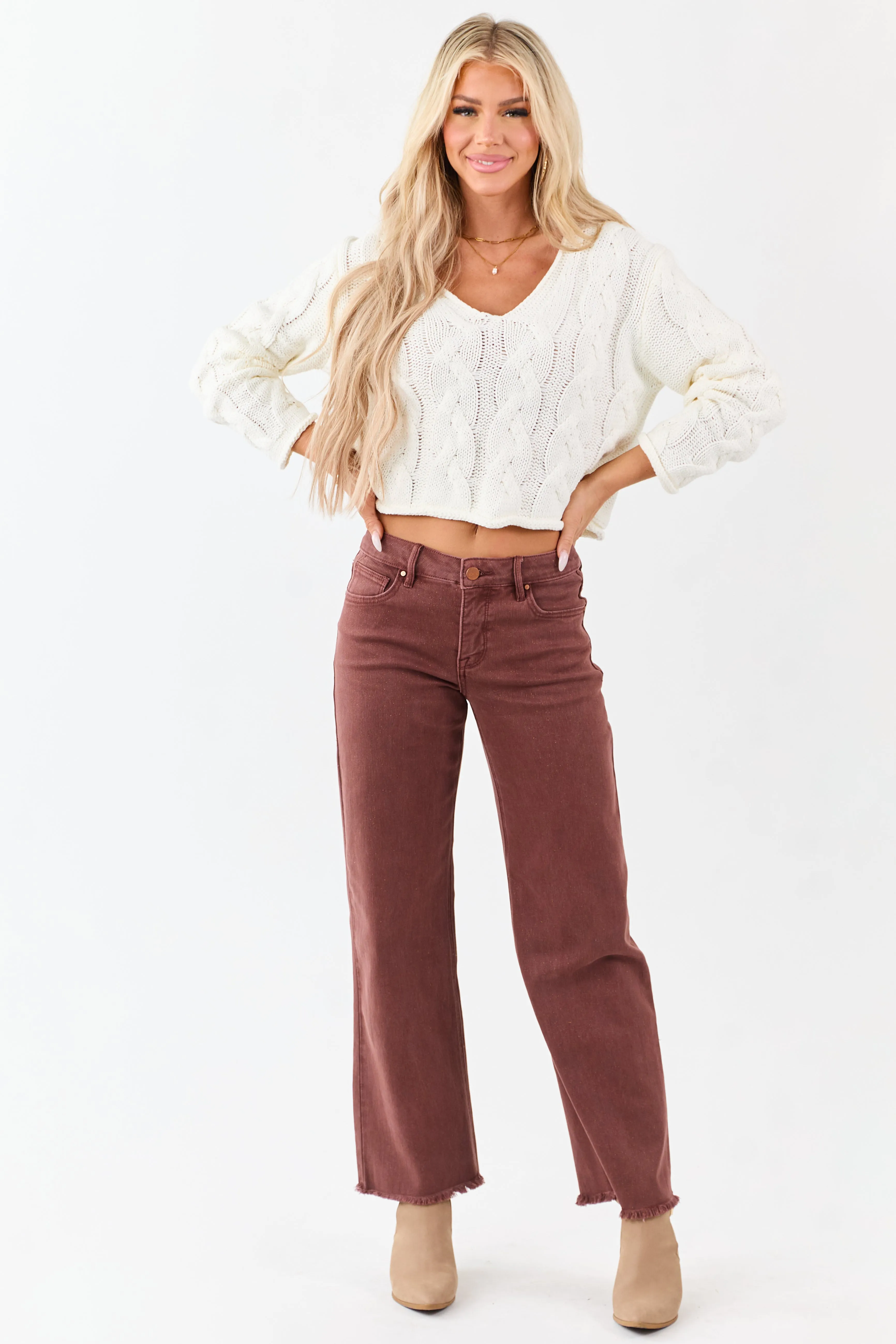 Cream Cable Knit V-Neck Long Sleeve Sweater sold by Lime Lush product image thumbnail 4